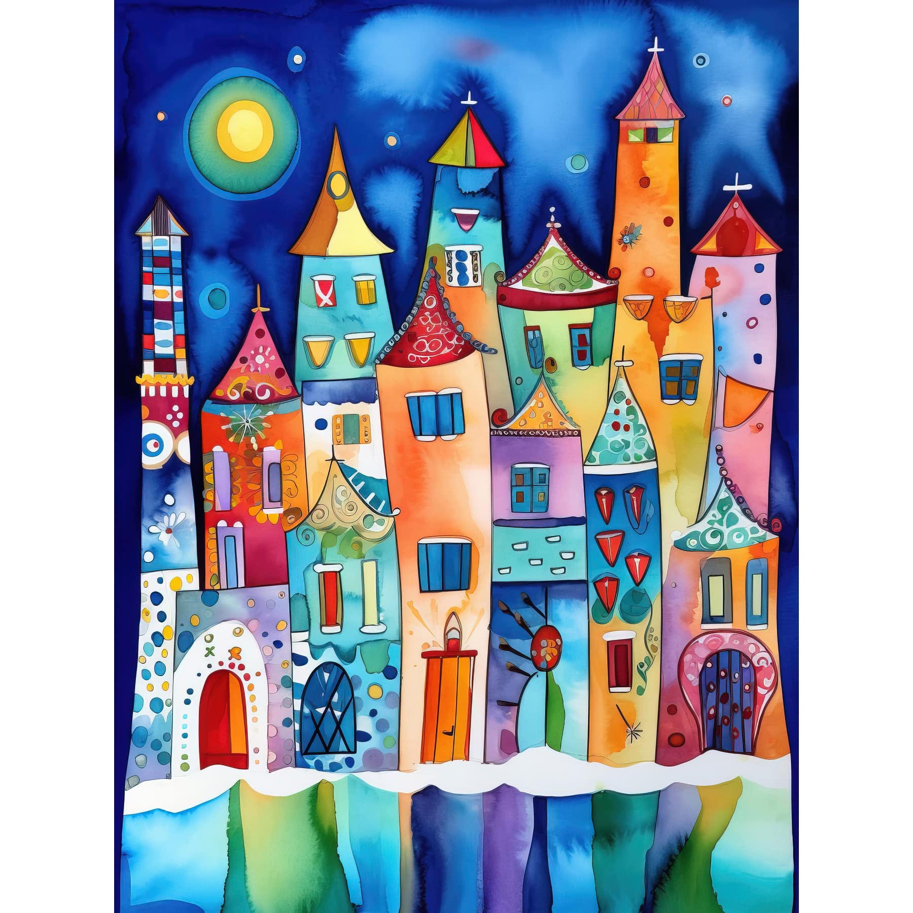 Artery8 Midnight Abstract Town Folk Art Large Wall Art Poster Print Thick Paper 18X24 Inch