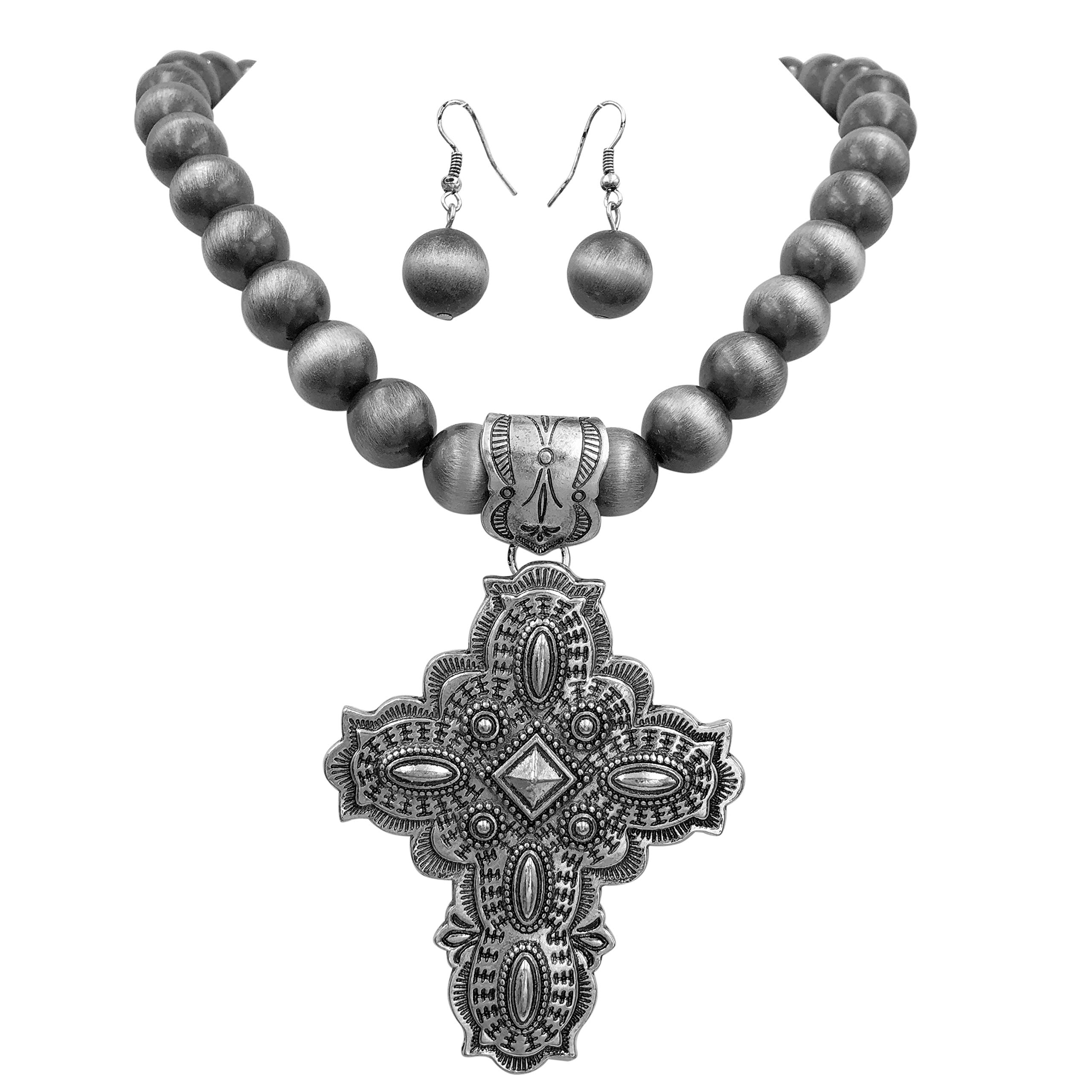 Gypsy JewelsLarge Cross Statement Vintage Western Look Beaded Necklace & Dangle Earrings Set