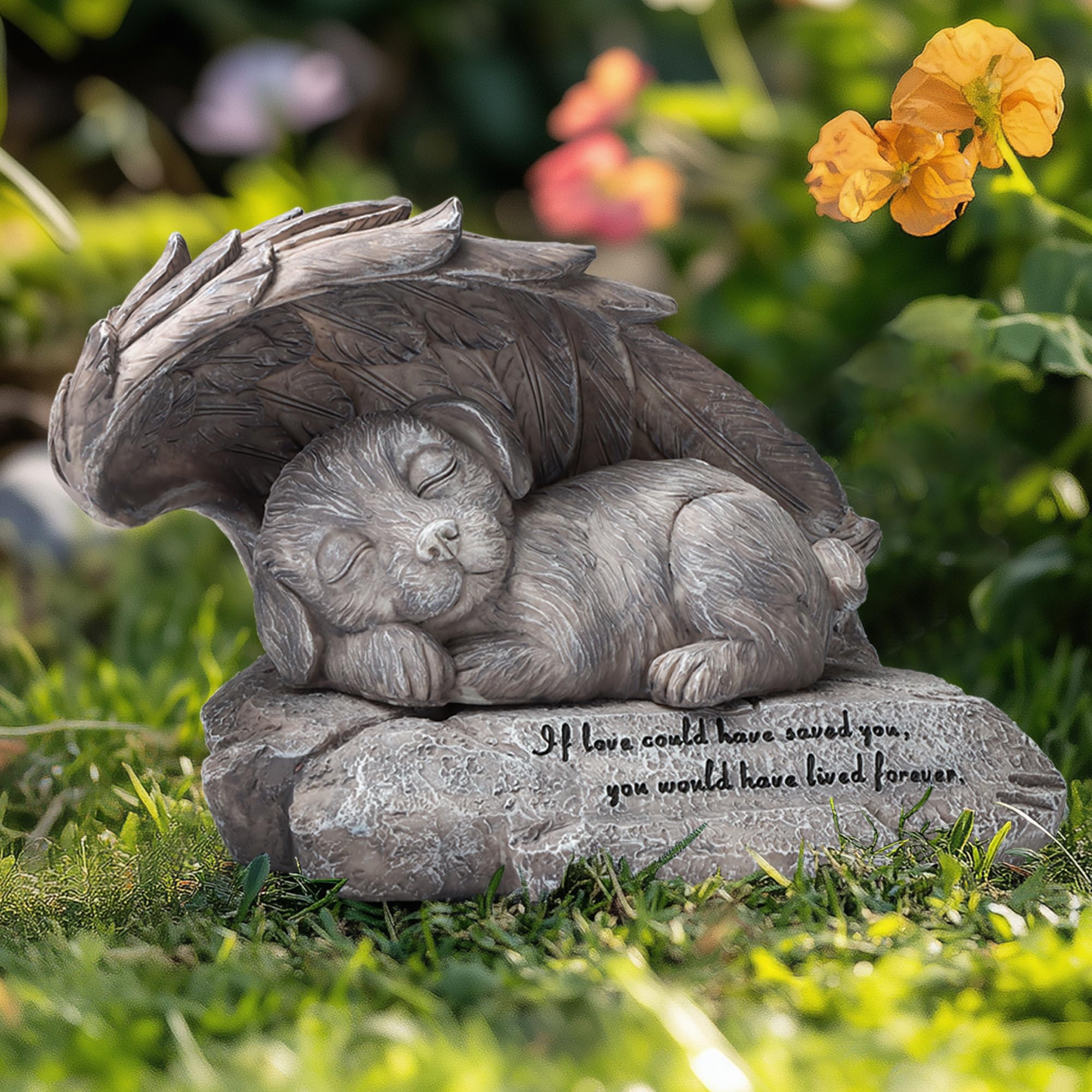 Mémorial pour chien et animal de compagnie - Statue commémorative pour chien - Pierre avec ailes d'ange - Urne pour chien - Cadeau de perte - Décoration de jardin en plein air