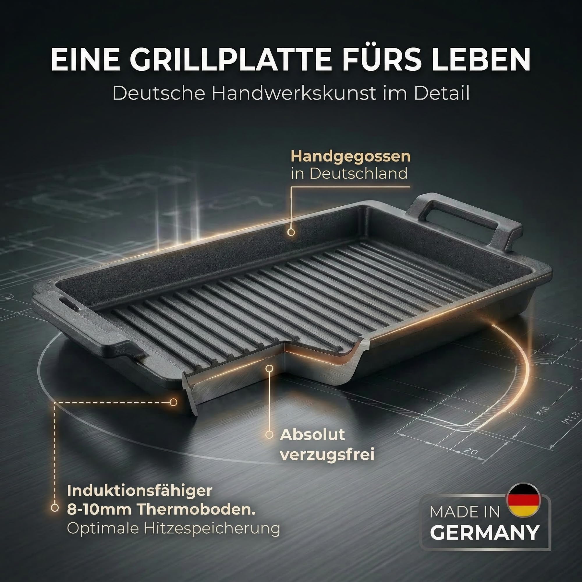 Lieblingspfanne Grillplatte BBQ 41x24 cm I mit Seitengriffen & 4-fach-Antihaftbeschichtung I aus Aluminium Guss für alle Herdarten inkl. Induktion & Gasgrill