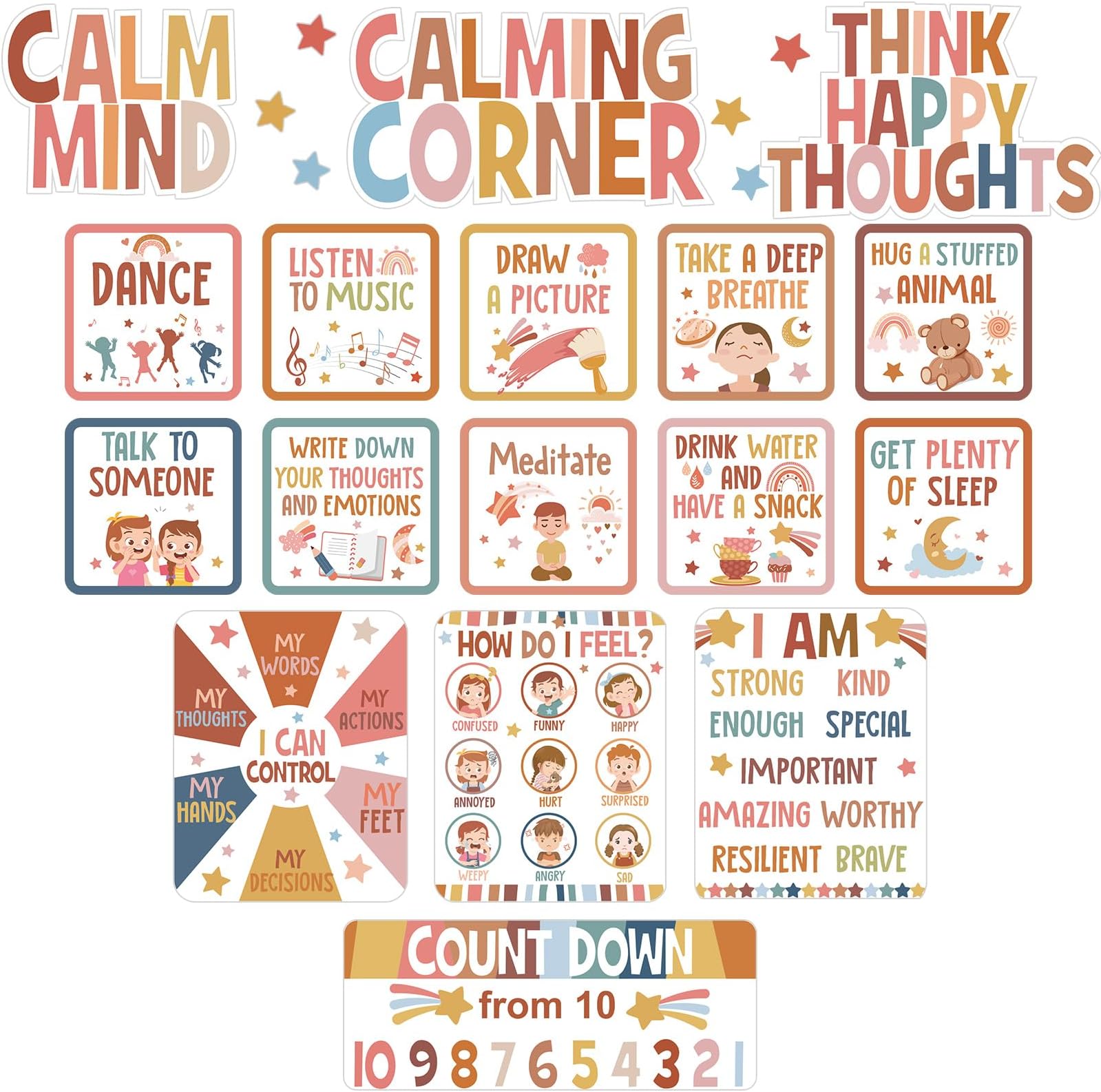 Pajean Calm Down Corner Bulletin Board Set for Classroom Decoration Feelings Chart Mental Health Feeling Management Poster for Kindergarten Emotions Poster Decor School(Boho Colors)