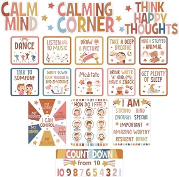 Pajean Calming Corner Poster Set Classroom Feelings Chart,Boho Colors