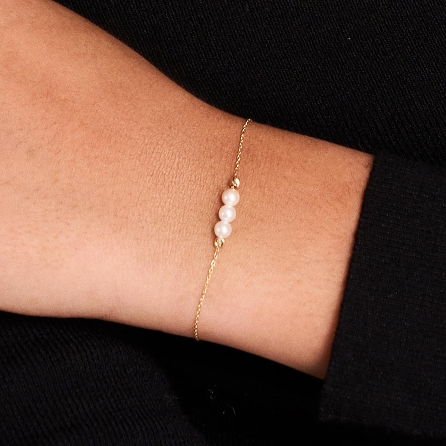 Gelin 3.5-4 mm Pearl Station Bracelet in 10kt Yellow Gold, Simple Pearl Bracelet, Trendy Cute 10k Gold Bracelet Jewelry for Women, 6+1 inches, Adjustable - Image 2