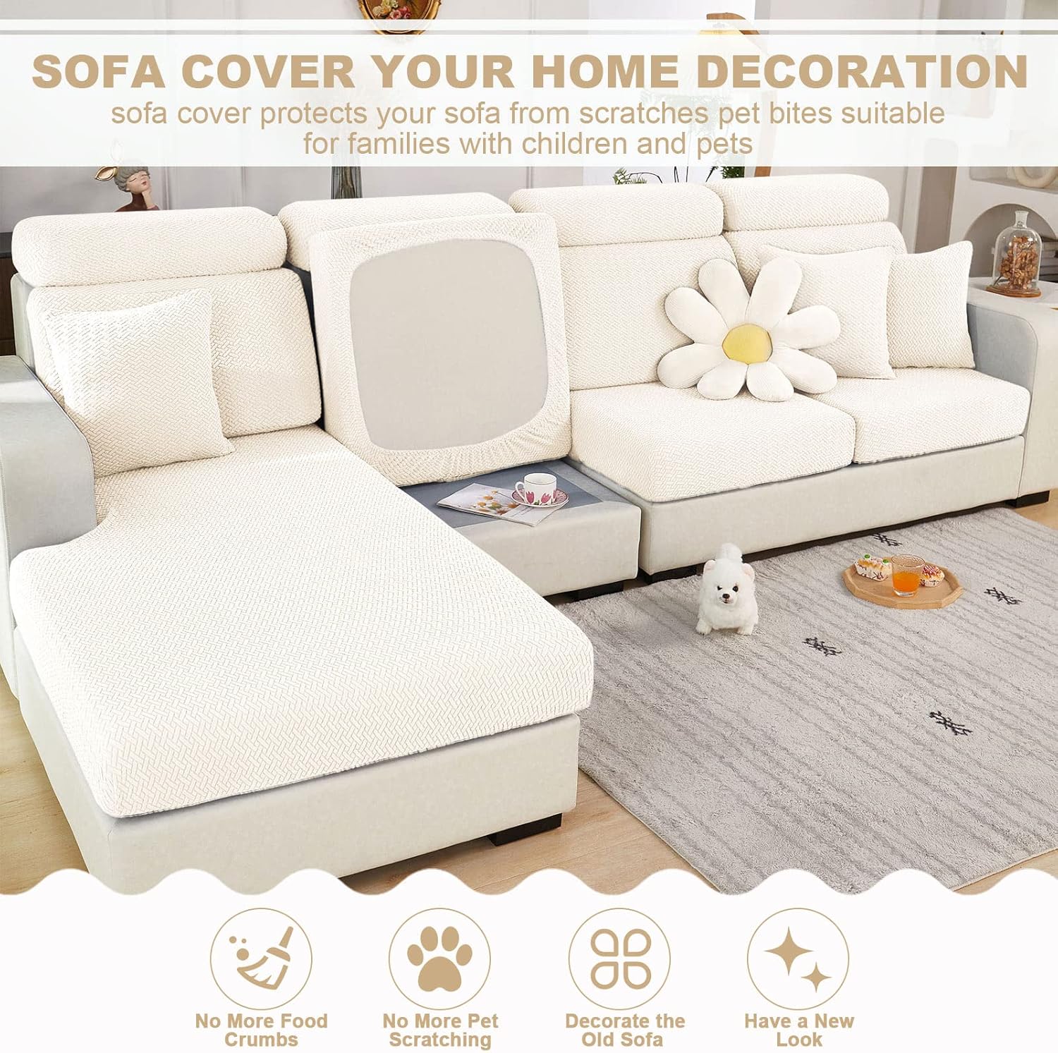 MIFXIN Couch Cushion Covers Sofa Cover Magic Sofa Cover Stretch Universal Elastic L Shape Sofa Sectional Cushion Slipcover Chaise Lounge Furniture Protector (Weave White, Chaise Cover)