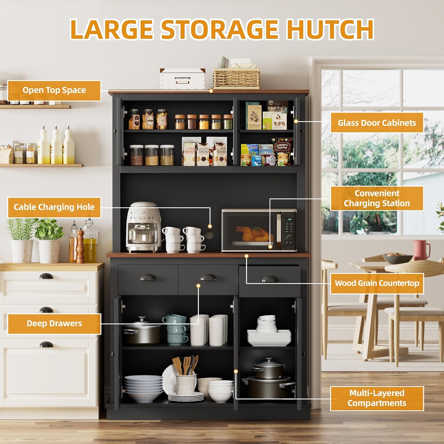 71" Kitchen Hutch with Charging Station, Tall Pantry Storage Cabinet with Microwave Stand, Adjustable Shelves, Slide Drawers, Large Buffet Pantry Cabinet for Kitchen, Dining Room, Black