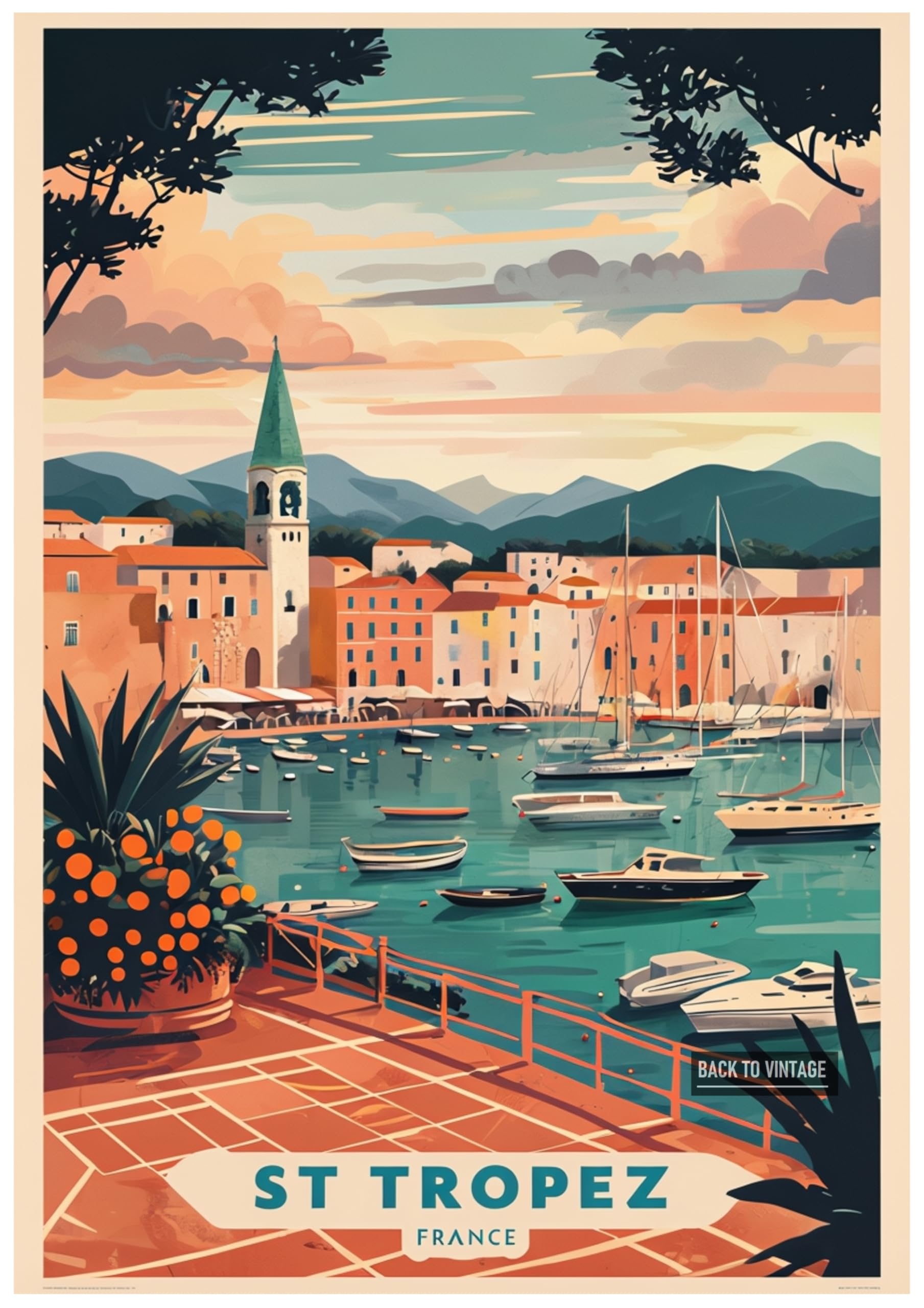 Back To Vintage Multicoloured Vibrant Illustrated Poster Of St Tropez Coastal Town - Retro Europe Travel Poster A4 Size Vintage Wall Art Print Of Famous European Destinations Ideal For Home Or Office Decor