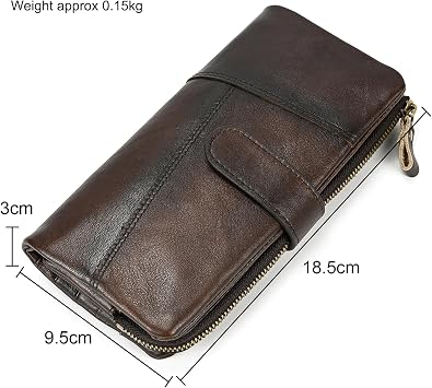 LUUFAN Genuine Leather Long Wallet for Men Zipper Coin Pocket Card Checkbook Wallets Large Capacity Purse, Coffee
