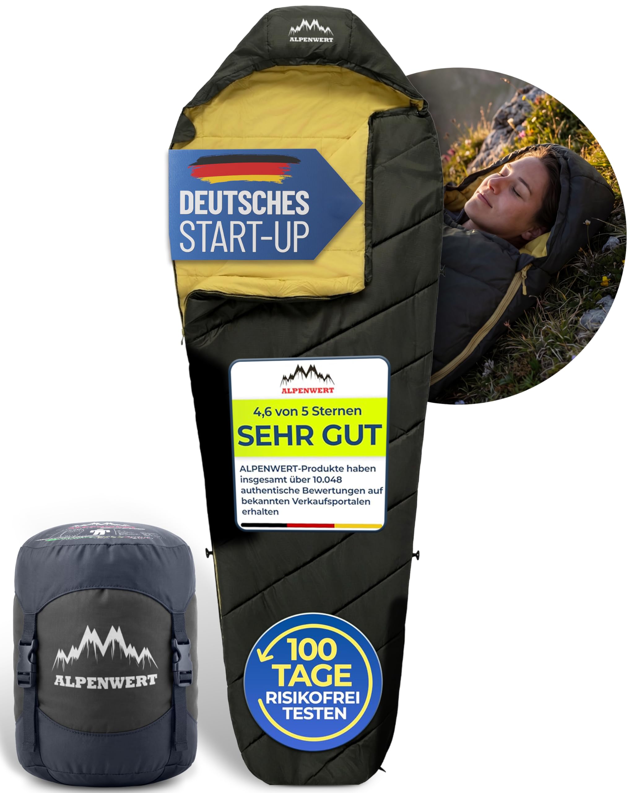 ALPENWERT® Schlafsack Sommer Ultraleicht & klein [17x27cm Packmaß] – Wasserabweisend, YKK Reißverschluss, Kältebrücke & Einklemmschutz – Perfekt für Camping & Festival (Dunkeloliv/Senfgelb) Sport & Freizeit
