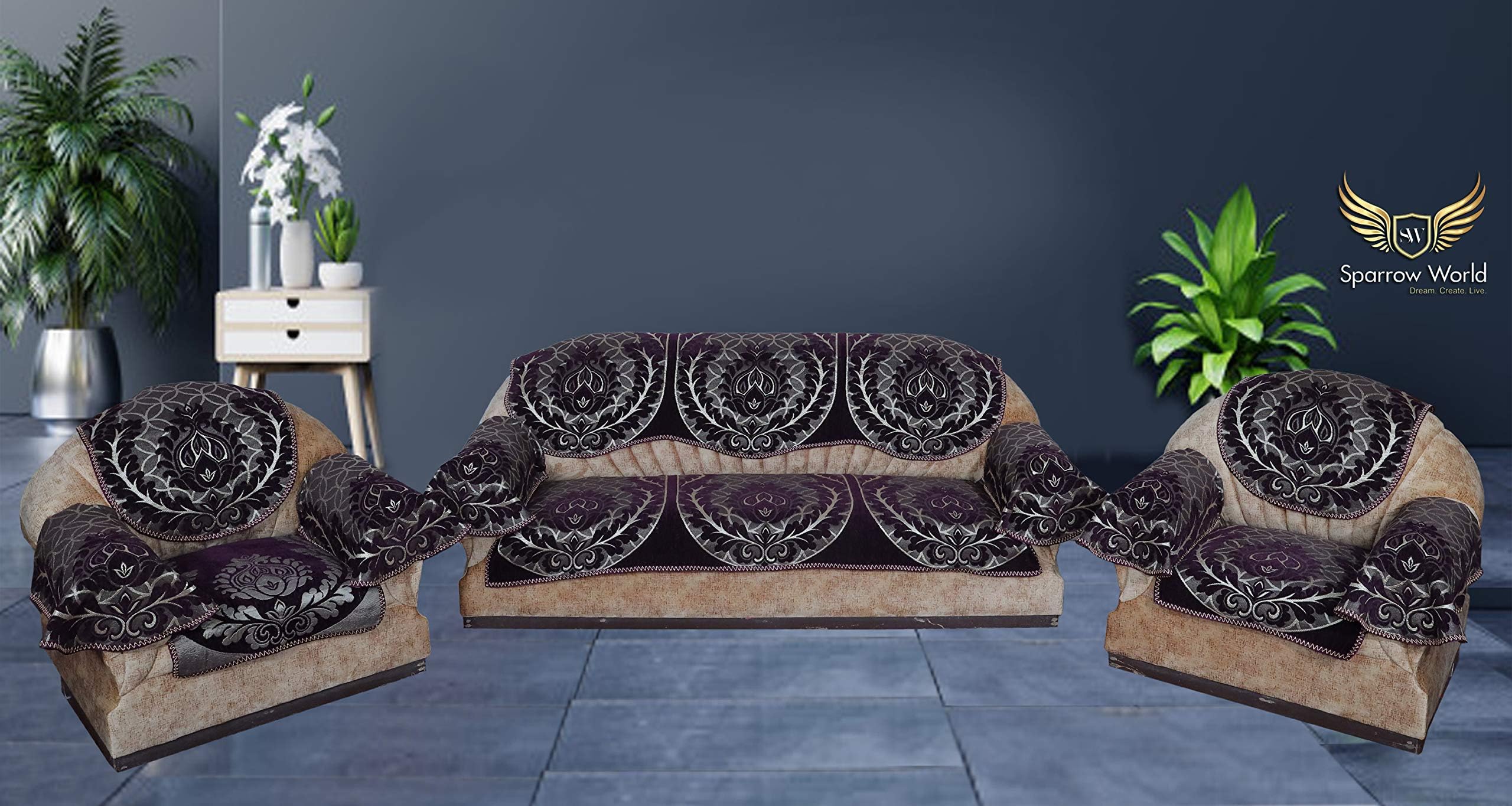 Sparrow World Chenille Sofa Covers Set for 5 Seater Sofa with arms for Living Room/Drawing Room/Guest Room (Set of 12 pcs)