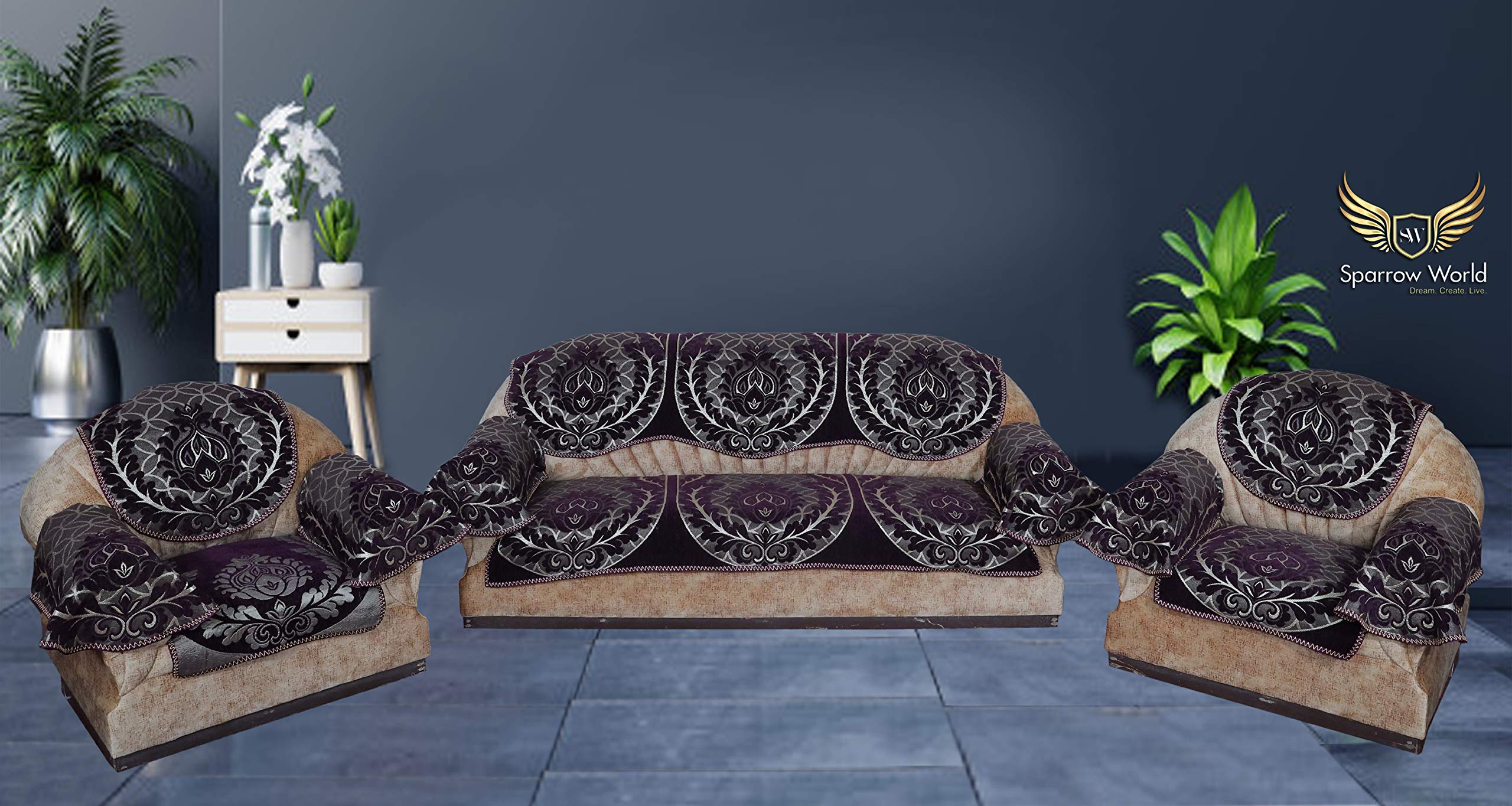 Sparrow World Chenille Sofa Covers Set for 5 Seater Sofa with arms for Living Room/Drawing Room/Guest Room (Set of 12 pcs)