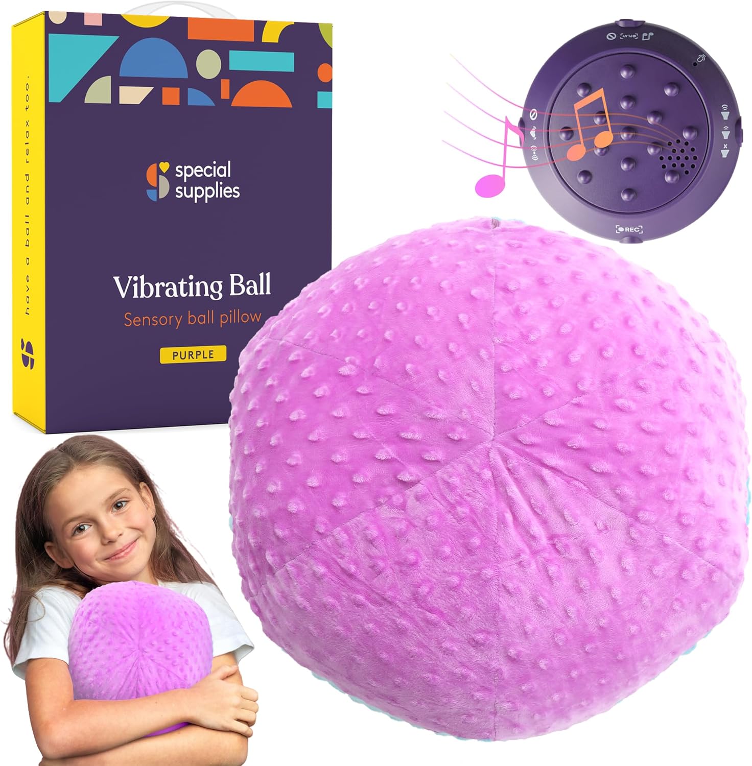 Special Supplies Vibrating Ball Pillow Sensory Pressure Activated for Kids and Adults, Plush Minky Soft Cover-Textured Therapy Stimulation Bumps, 3 Vibration Modes, Music & Voice Recording- Purple