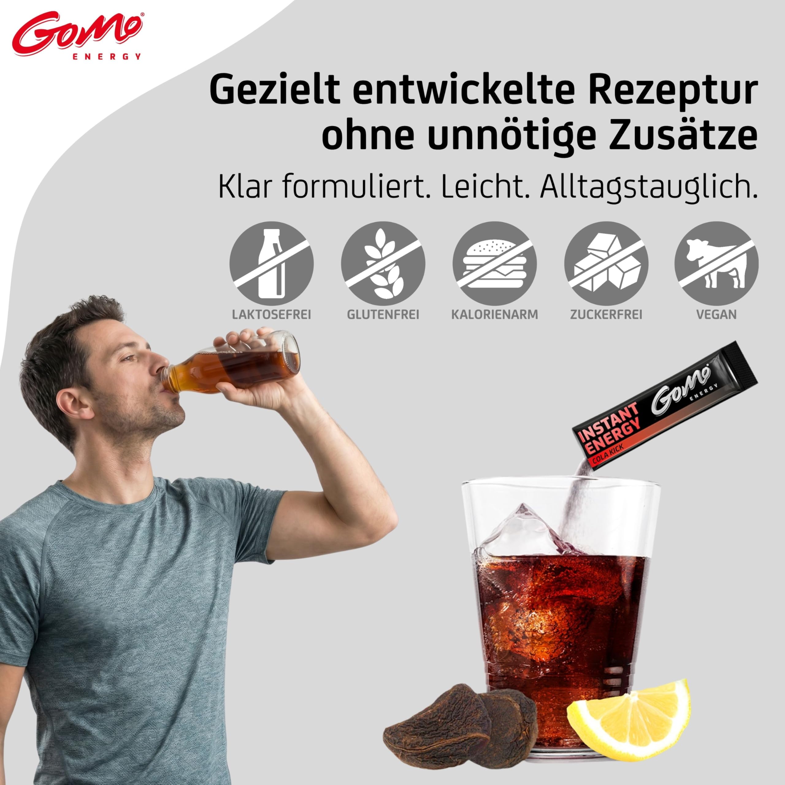 GoMo ENERGY – Instant Energy Getränkepulver Cola Zero für Wachheit, Ausdauer & Konzentration – superstarker, zuckerfreier Instant Energy Drink mit Koffein, B-Vitaminen & Taurin (100 Stk)