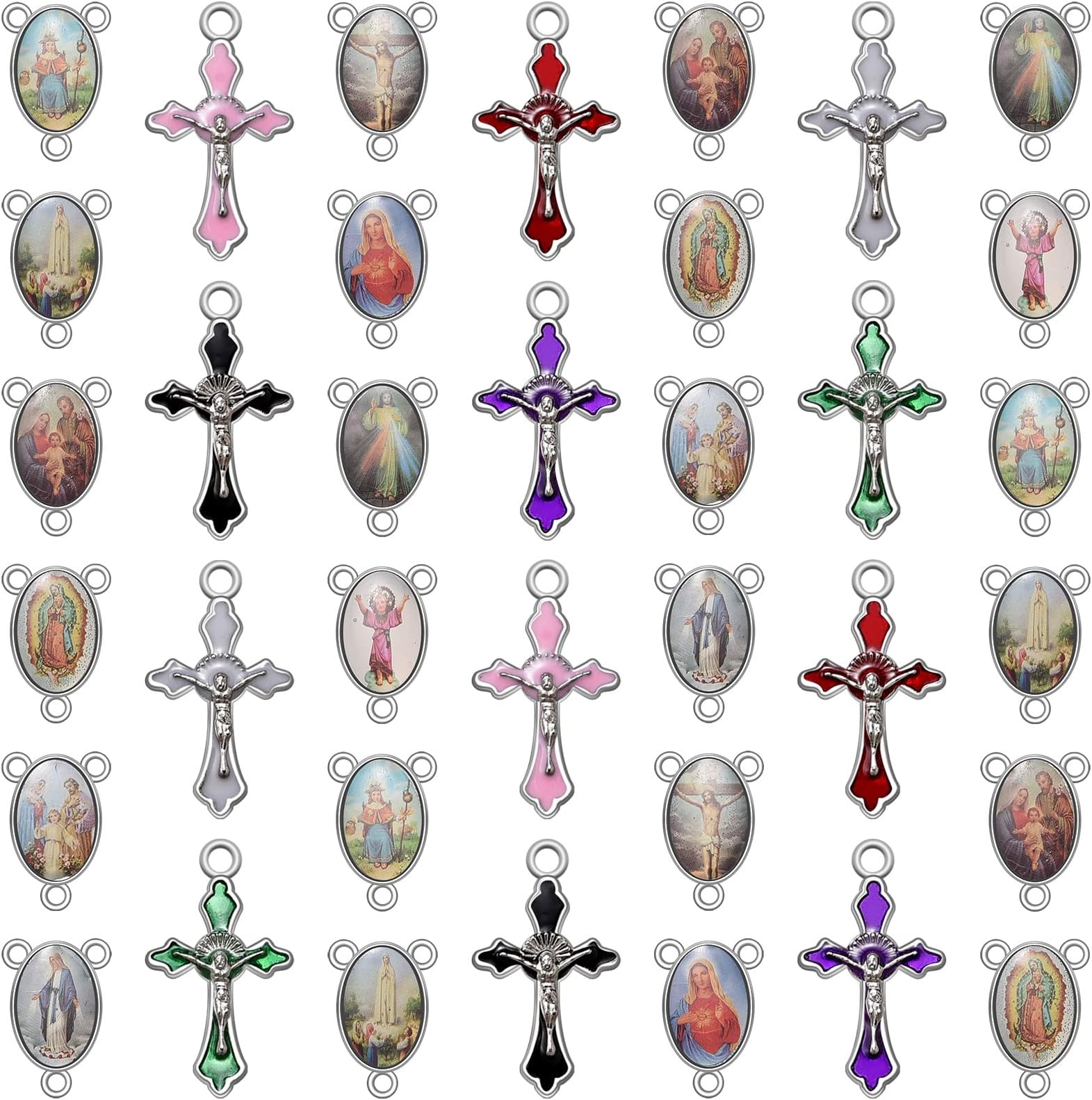 60Pcs/30Set Rosary Making Kits Supplies Religion Cross and Center Medal Charms Alloy Picture Jesus Enamel Pendant for Diy Prayer Necklace Jewelry