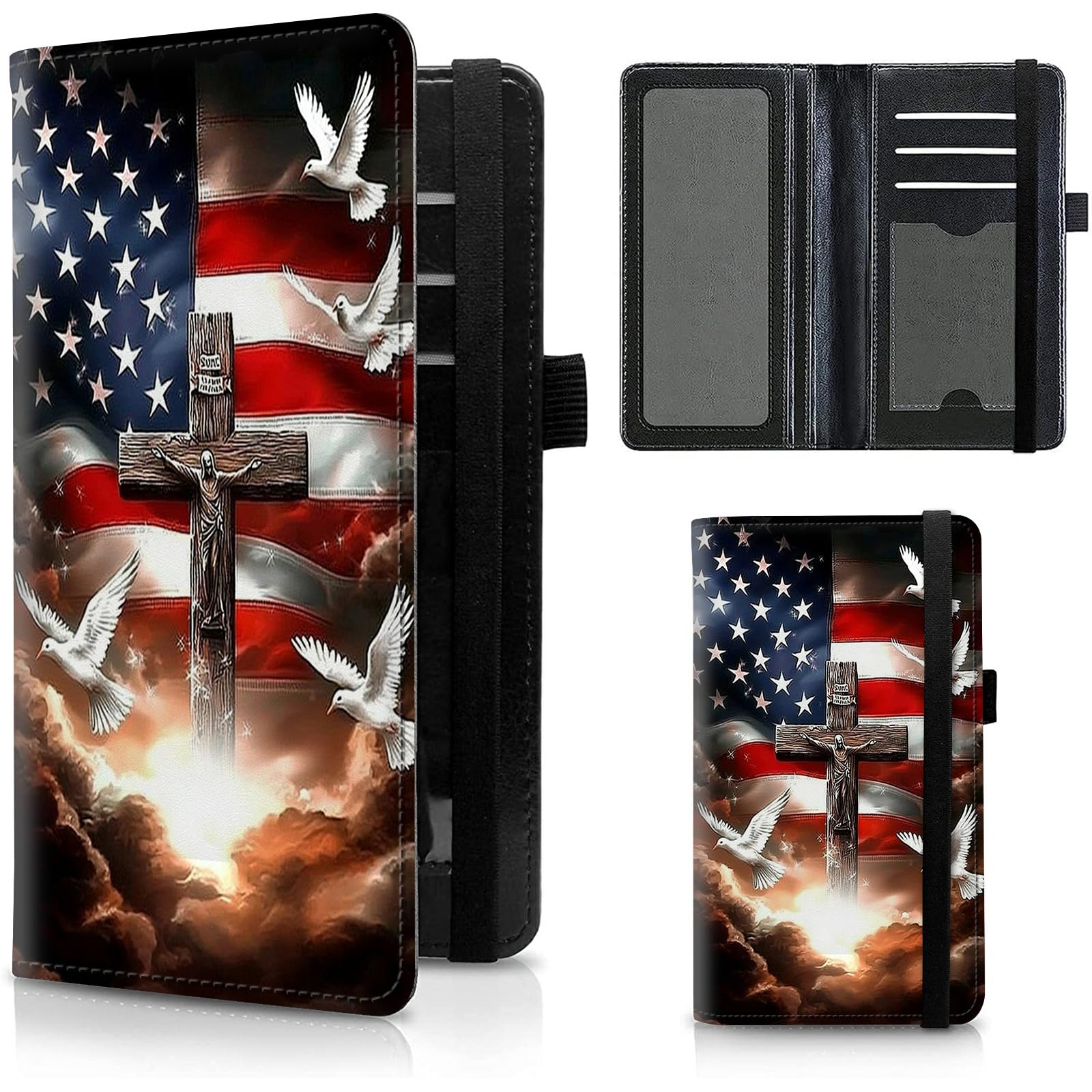 FUYOCWE Checkbook Covers for Personal Checkbook,Leather Checkbook Cover for Business/Personal Checks,RFID Blocking Check Book Cover Holder Wallets for Men Women-American Flag with Cross Dove
