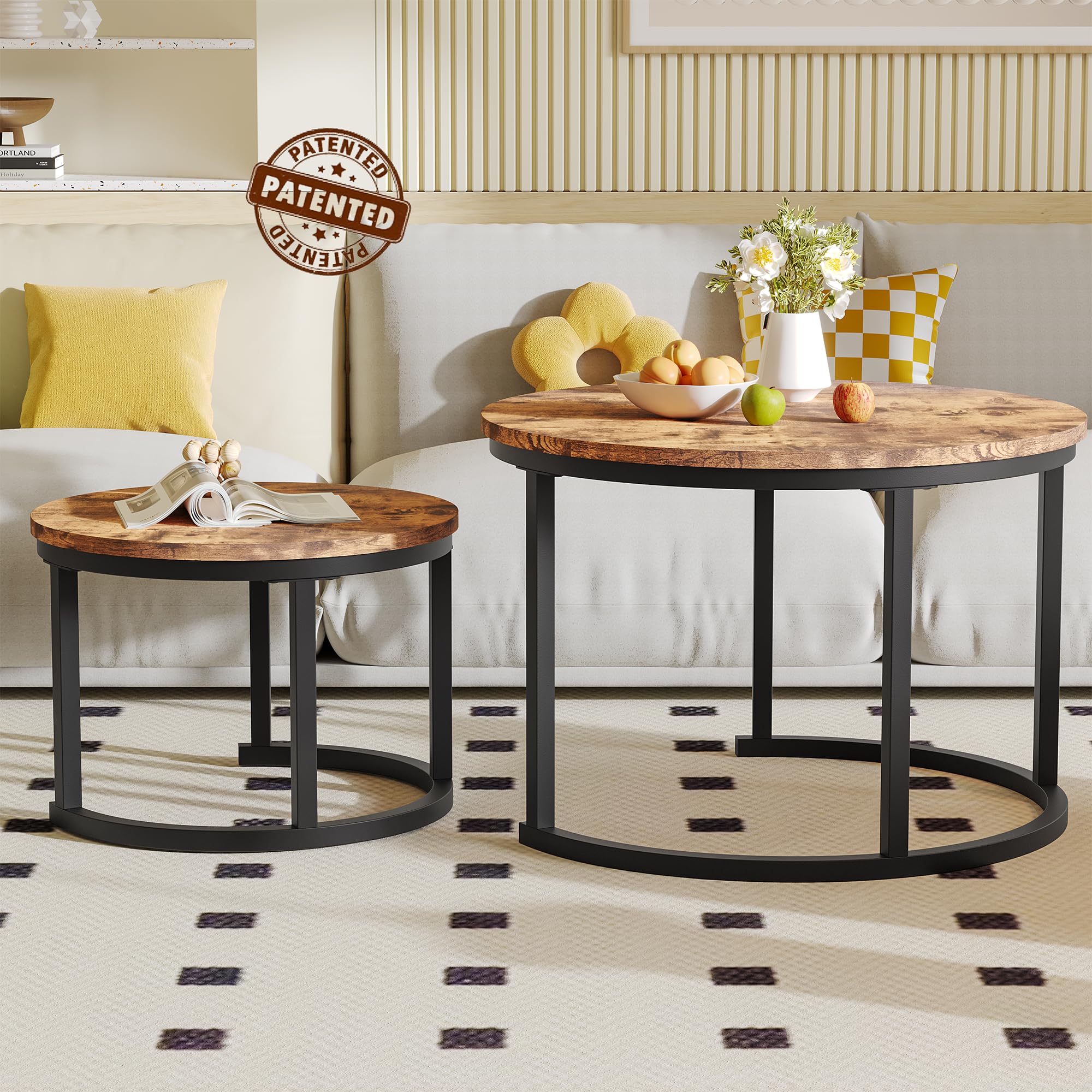 HOMERECOMMEND Juego de 2 mesas de centro redondas, color marrón rústico | Mesa de sofá moderna con estructura de metal negro,Mesa de centro de roble, mesa auxiliar nido para sala de estar