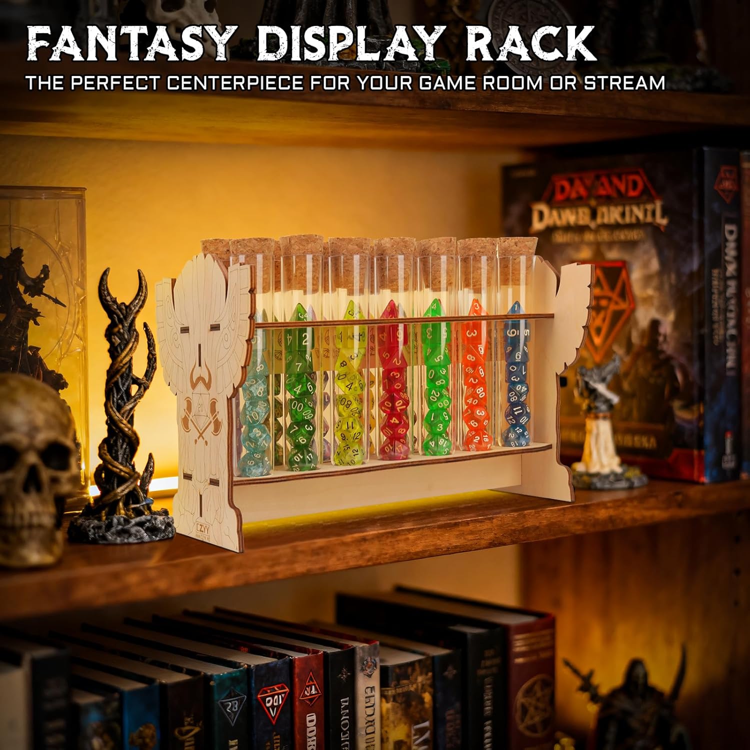 CZYY Dice Potion Flasks with Display Rack Gift Set – 14 Plastic Tubes with Cork Stoppers & Stickers for RPG Gamer, DM, Dice Goblin – Fantasy Storage for Tabletop Play & Game Room Decor (Wood Rack)