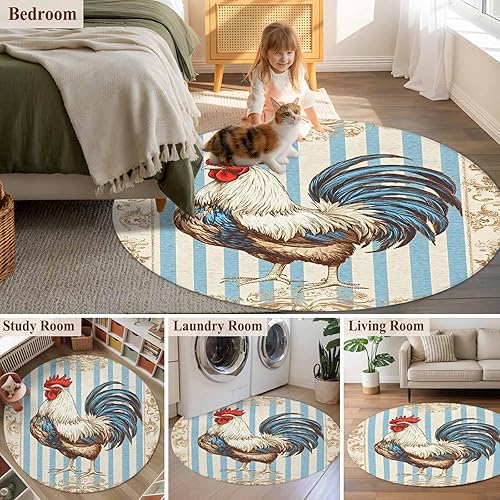 Miniatura 6 de 8ft Round Rug, Retro Rooster Non-Skid Rubber Backing Large Area Rugs - Living Room Bedroom Home Office, Striped Farmhouse Animals Watercolor Indoor