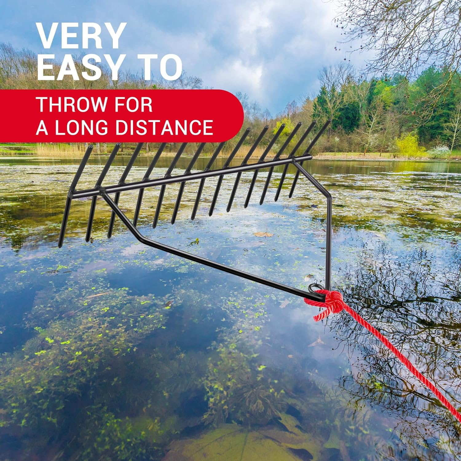 32 Aquatic Weed Rake, No Assembly Required, 8.6 Steel Rod Lake Weed Cutter, One-Piece Welding, Lake Weed Rake for Pond Beach Landscaping, Perfect Tie Hole, 30ft Thicker Rope and Net, Black.