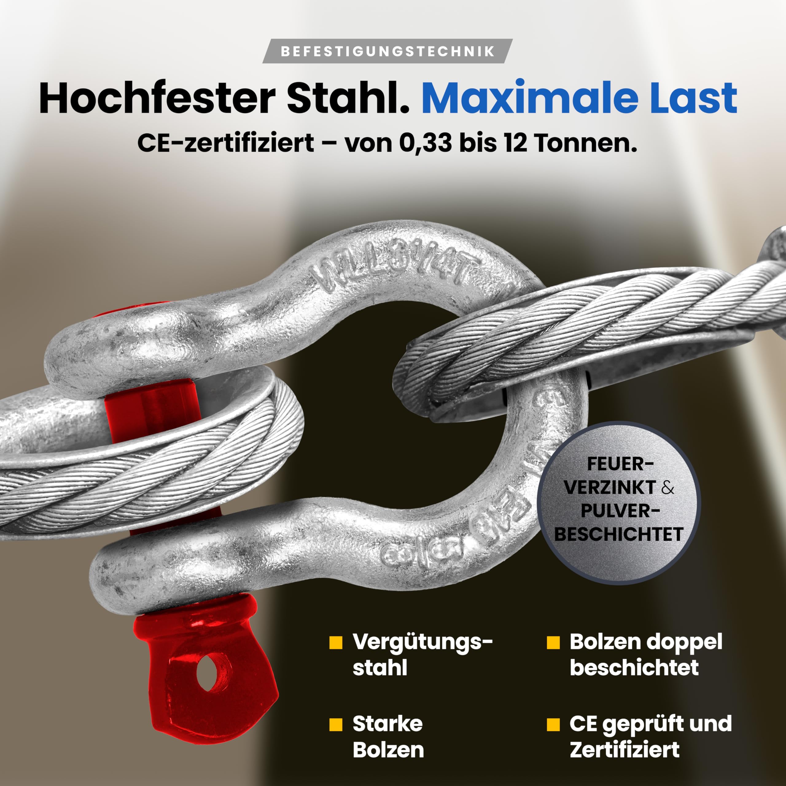 Schäkel hochfest geschweift - Größe & Menge wählbar: WLL 0,33-12 Tonnen Tragkraft - hochbelastbarer feuerverzinkter Stahl (1 Stk, 6,5t)