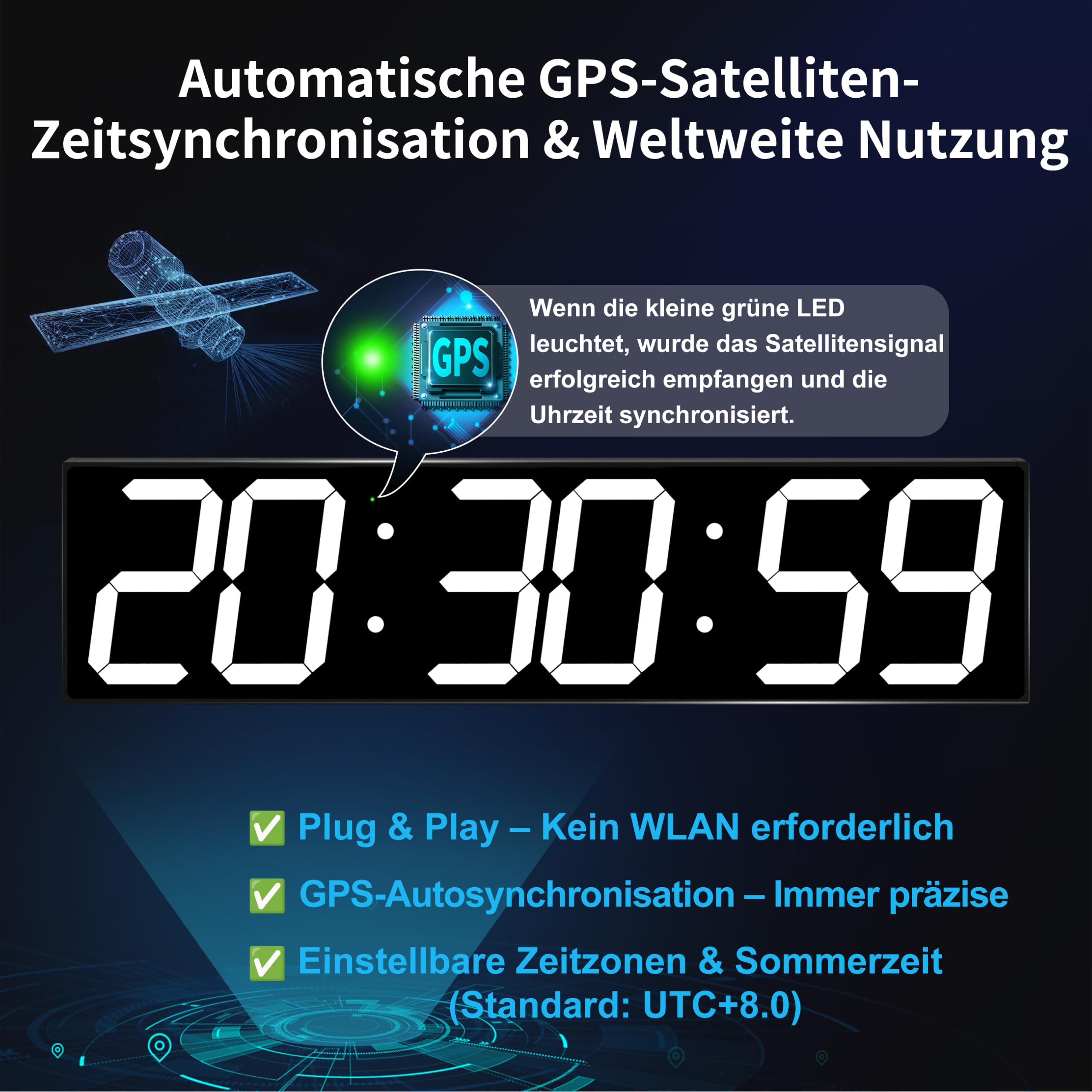 CHKOSDA Orologio da parete digitale da 28 pollici con sincronizzazione automatica GPS, numeri LED massicci da 15 cm, misurazione precisa del tempo, telecomando, timer, data e temperatura, per palestra