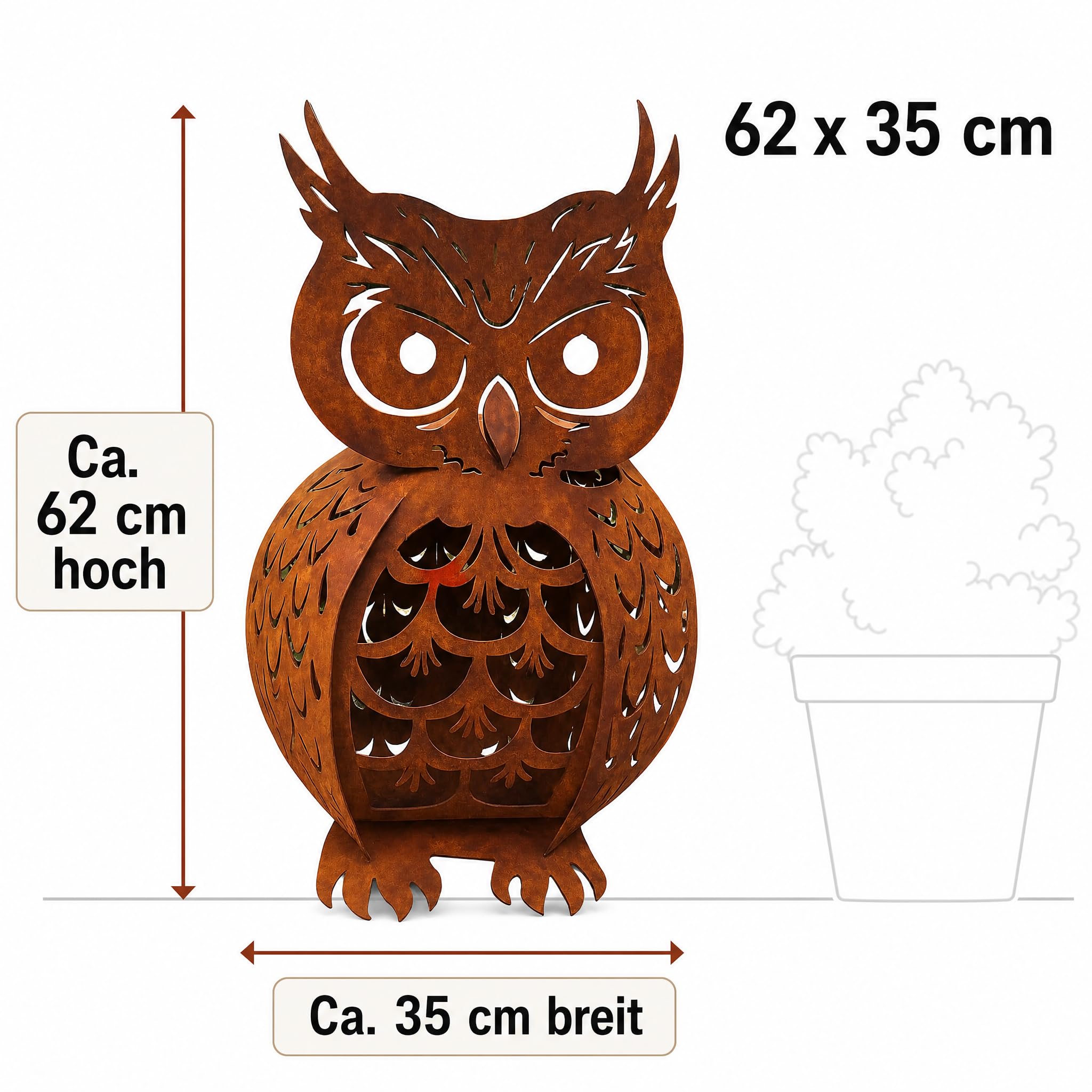 Gartendeko Rost – Eule aus Metall mit Edelrost-Patina, Filigrane Ausstanzungen, hohler Korpus für Lichtakzente, zum Hinstellen für Garten & Terrasse, 62 x 35 cm
