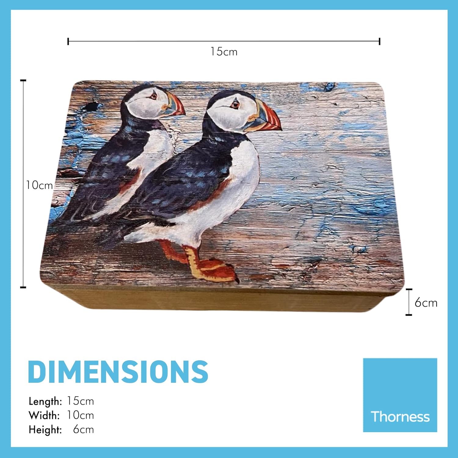 Thorness Hand Crafted Wooden Trinket Printed Puffins Jewellery Box