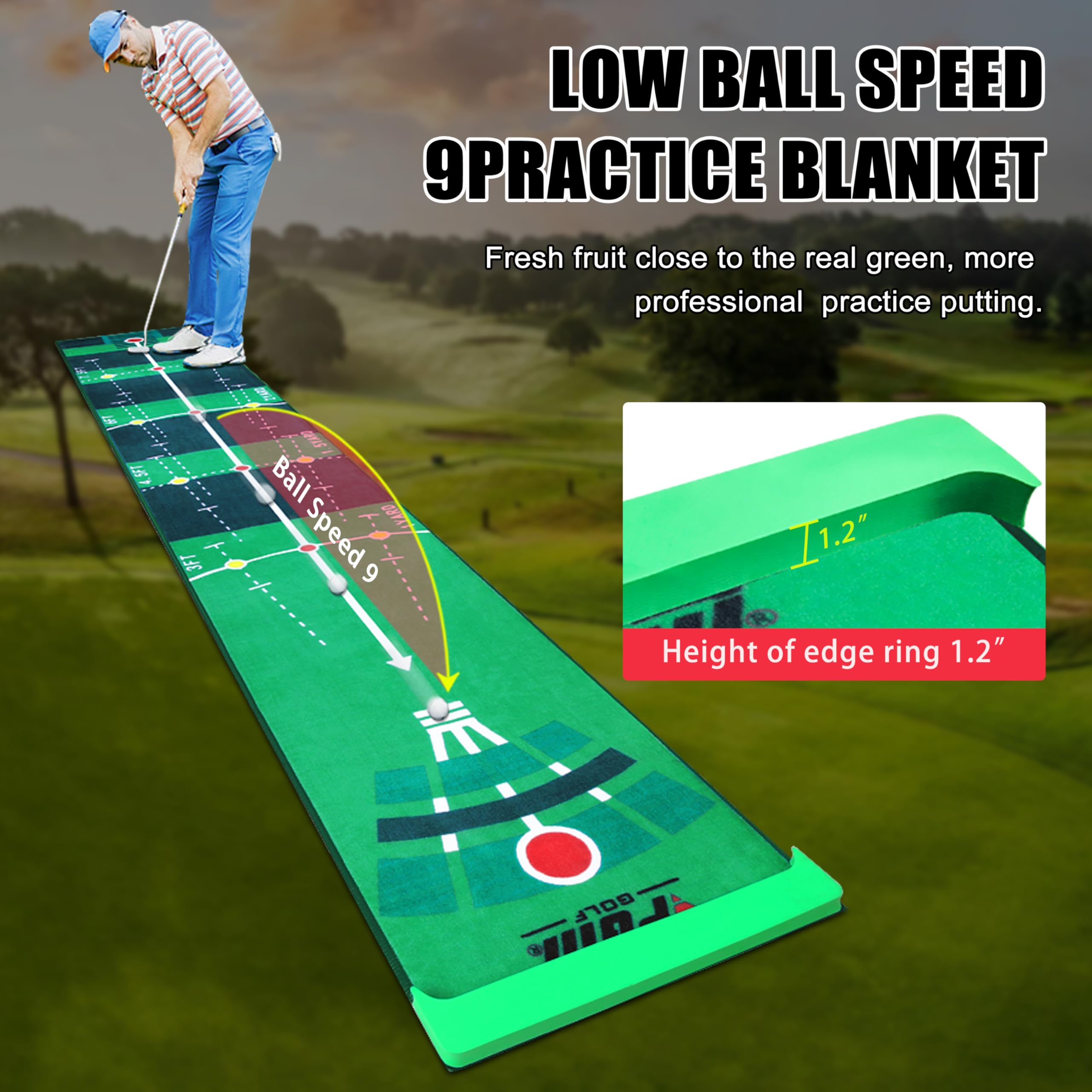 PGM Golf Putting Mat 10 ft Putting Green Indoor with Blocking Ball