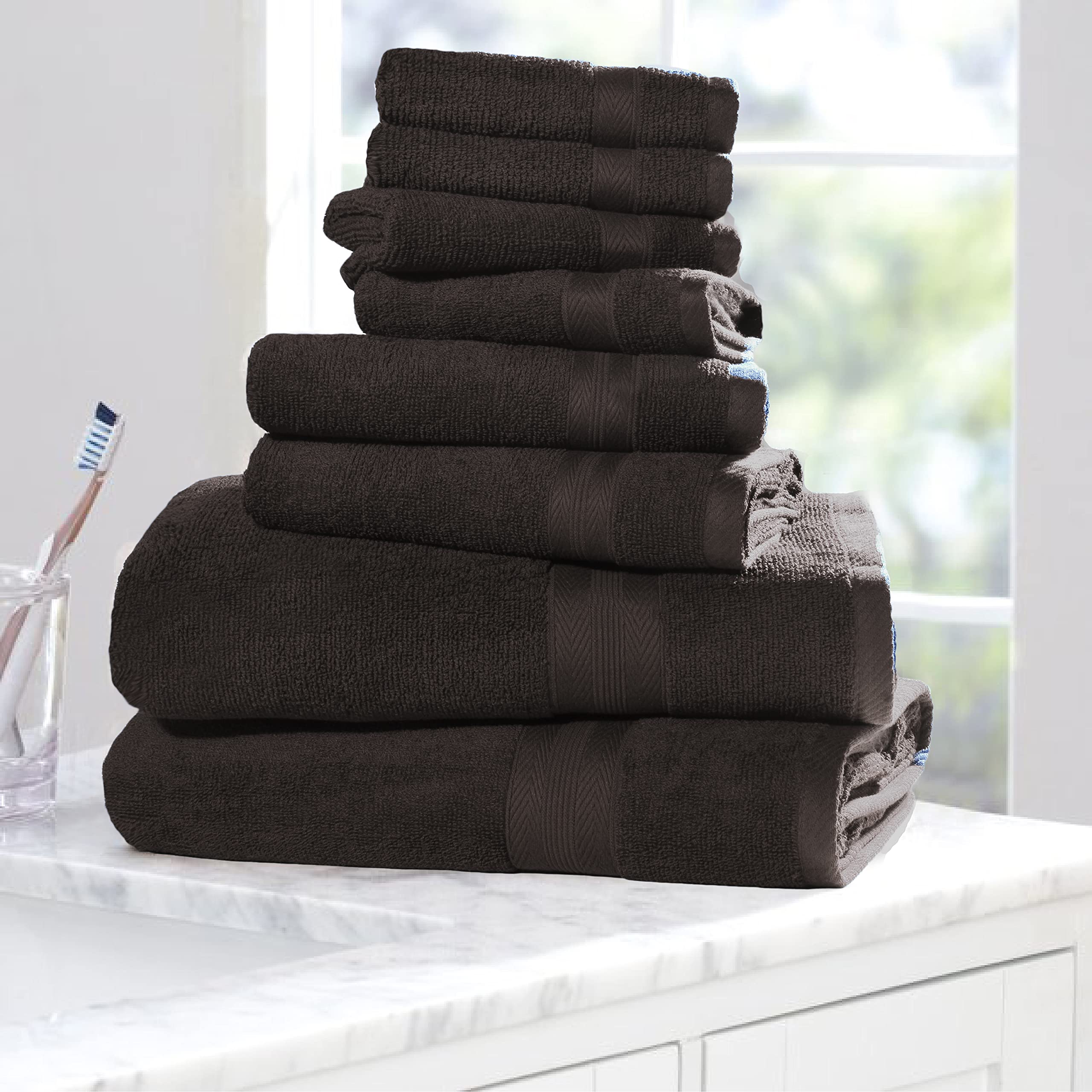 BOUTIQUO Juego de toallas de 8 piezas, 100% algodón hilado en anillo, 2 toallas de baño de 27 x 54 pulgadas, 2 toallas de mano de 16 x 28 pulgadas y 4 paños de 13 x 13 pulgadas, ultrasuaves, altamente