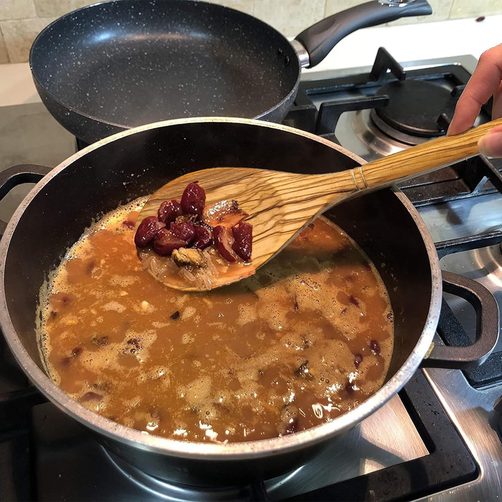 Cucchiaio in Legno D'ulivo, Cucchiaio in Legno Grande con Manico Lungo per Cucinare, Cucchiaio da Cucina Rotondo, Cucchiai da Portata per Mescolare E Servire in Cucina(A)