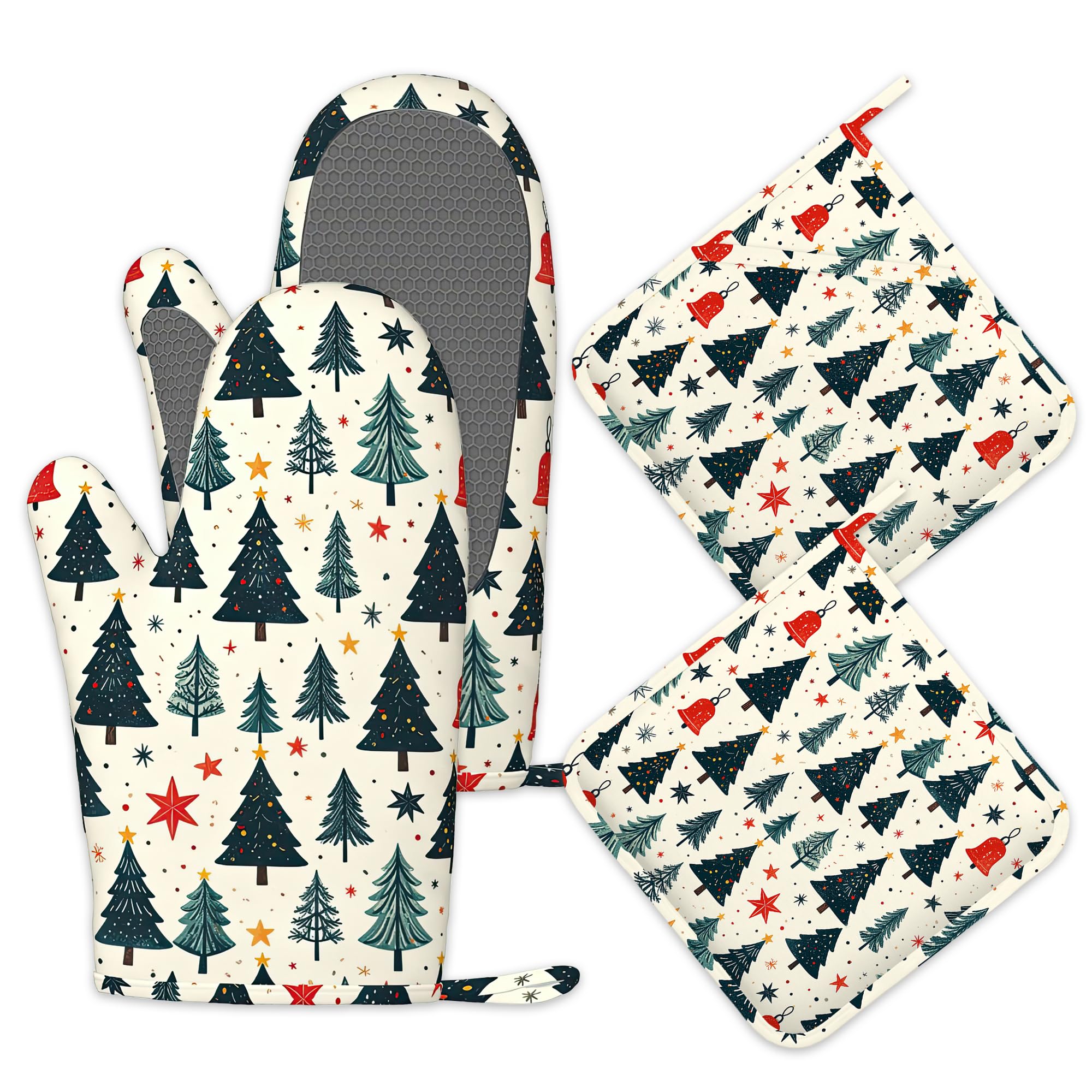 Juego de 4 manoplas de horno y soportes para ollas de pino de Navidad, guantes de cocina resistentes al calor con silicona antideslizante para hornear, cocinar, barbacoa