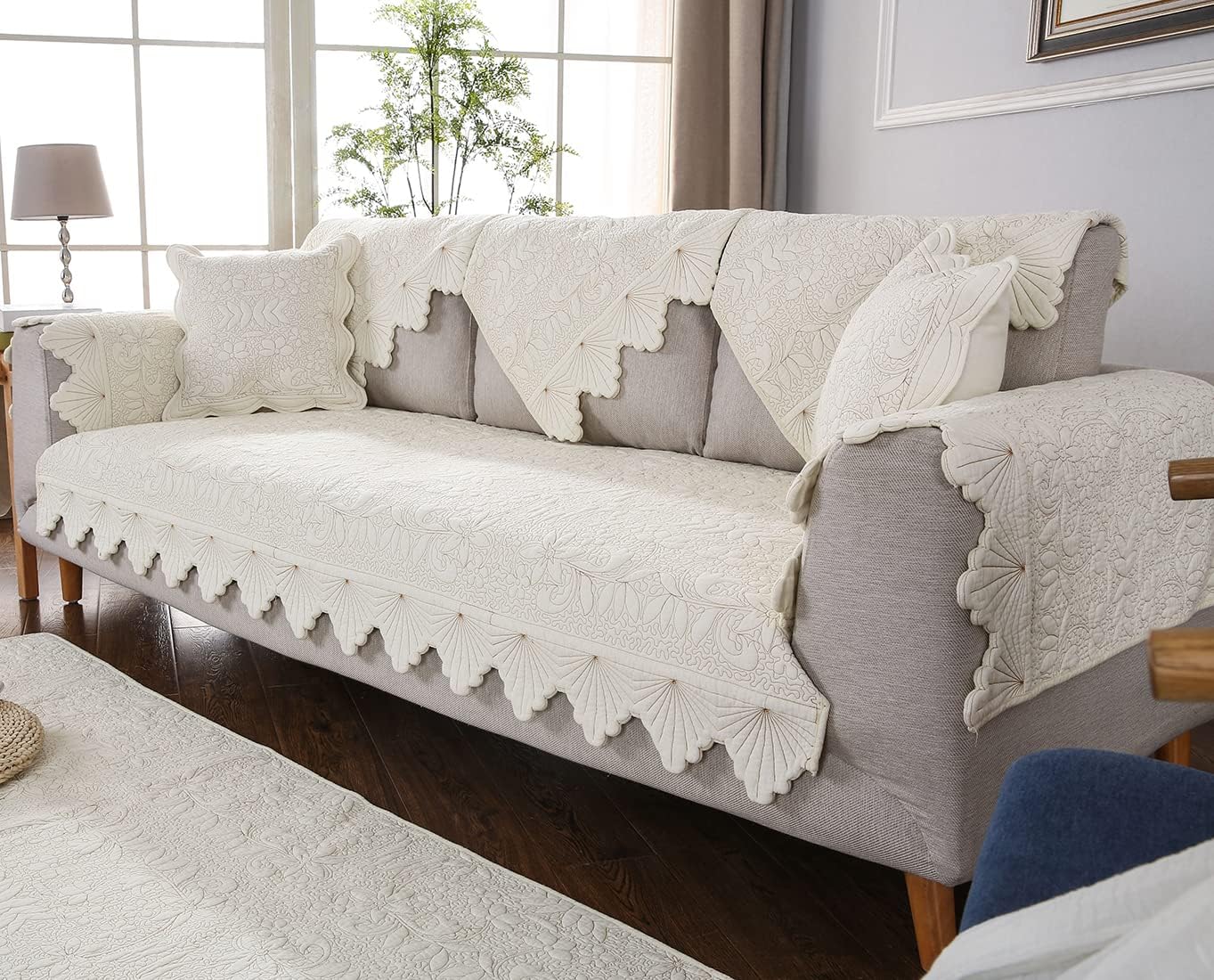 Cotton Embroidery Couch Sofa Cover Leaf and Floral Pattern Nonslip Quilted Furniture Protector Slipcover for Dogs, Children, Pets Sofa Slipcover Machine Washable (Cream,28"x28") - Image 3