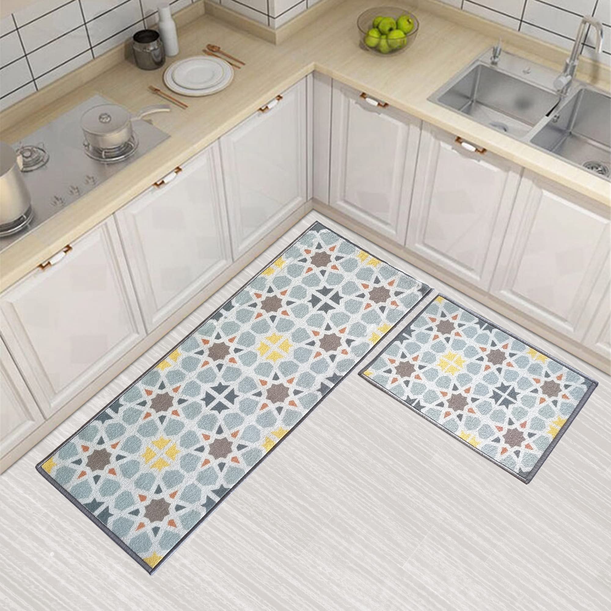 Matz and More Anti Slip Runner, Floor Mat Combo (50x120cm + 40x60cm), Carpet for Kitchen, Room, Hall, Bathroom, Bed Side, Tiles Blue Pastel