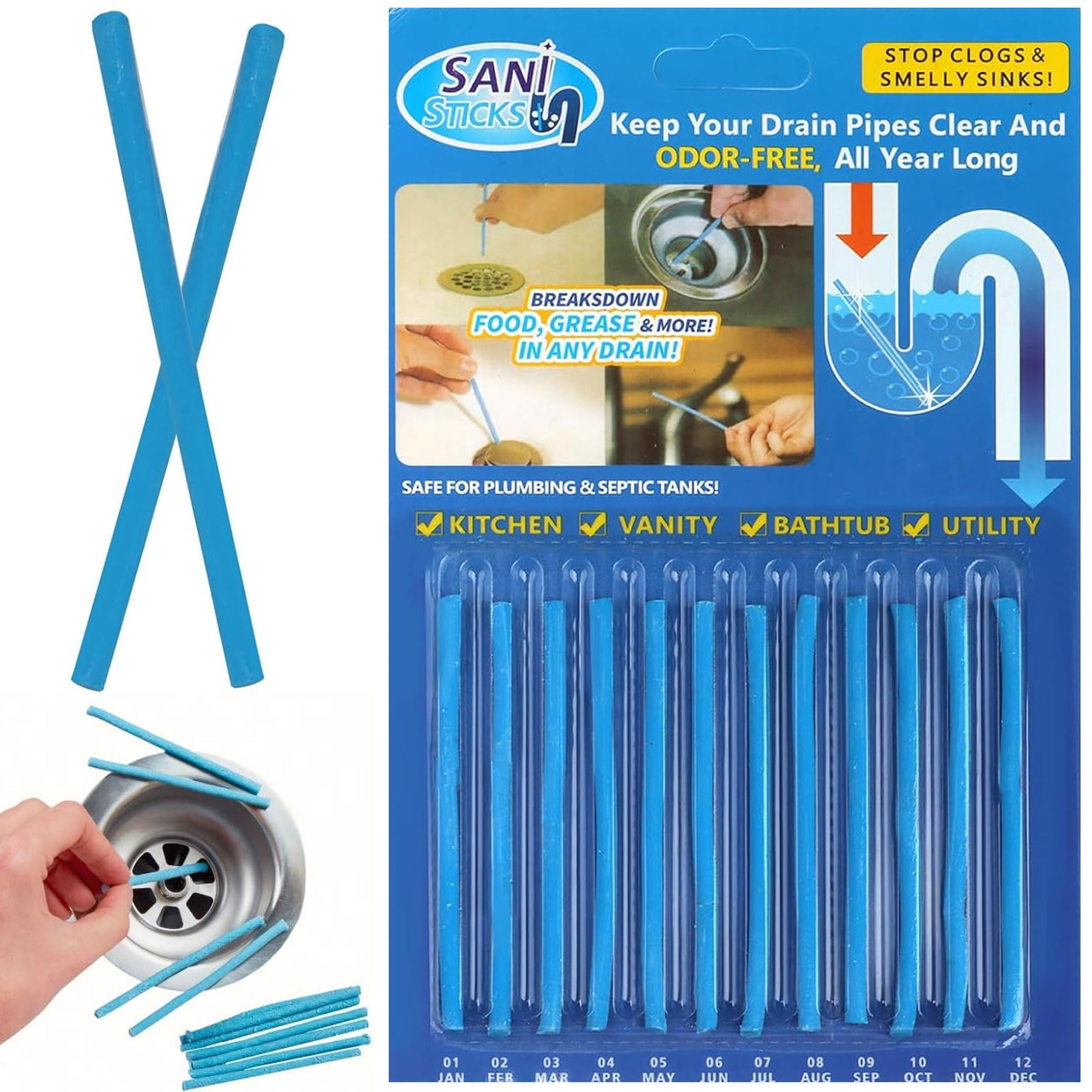 ALL IN HERE Drain Sticks Pack Of 12, Easy Flow Drain Sticks For Sink, Basin, Bathtub, Prevents Blockages and Bad Odour Perfect for Grease, Fat, Food Residue (12 Sticks)