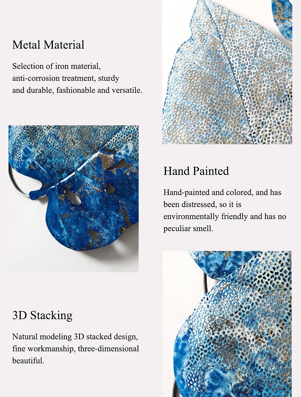 JOZZY Decoración de Pared,Decoración de Arte de Pared de Hojas Azules de Metal, Escultura de Pared 3D, tapices Decorativos para Sala de Estar, Dormitorio, baño, Cocina, casa de Campo, Oficina, 55