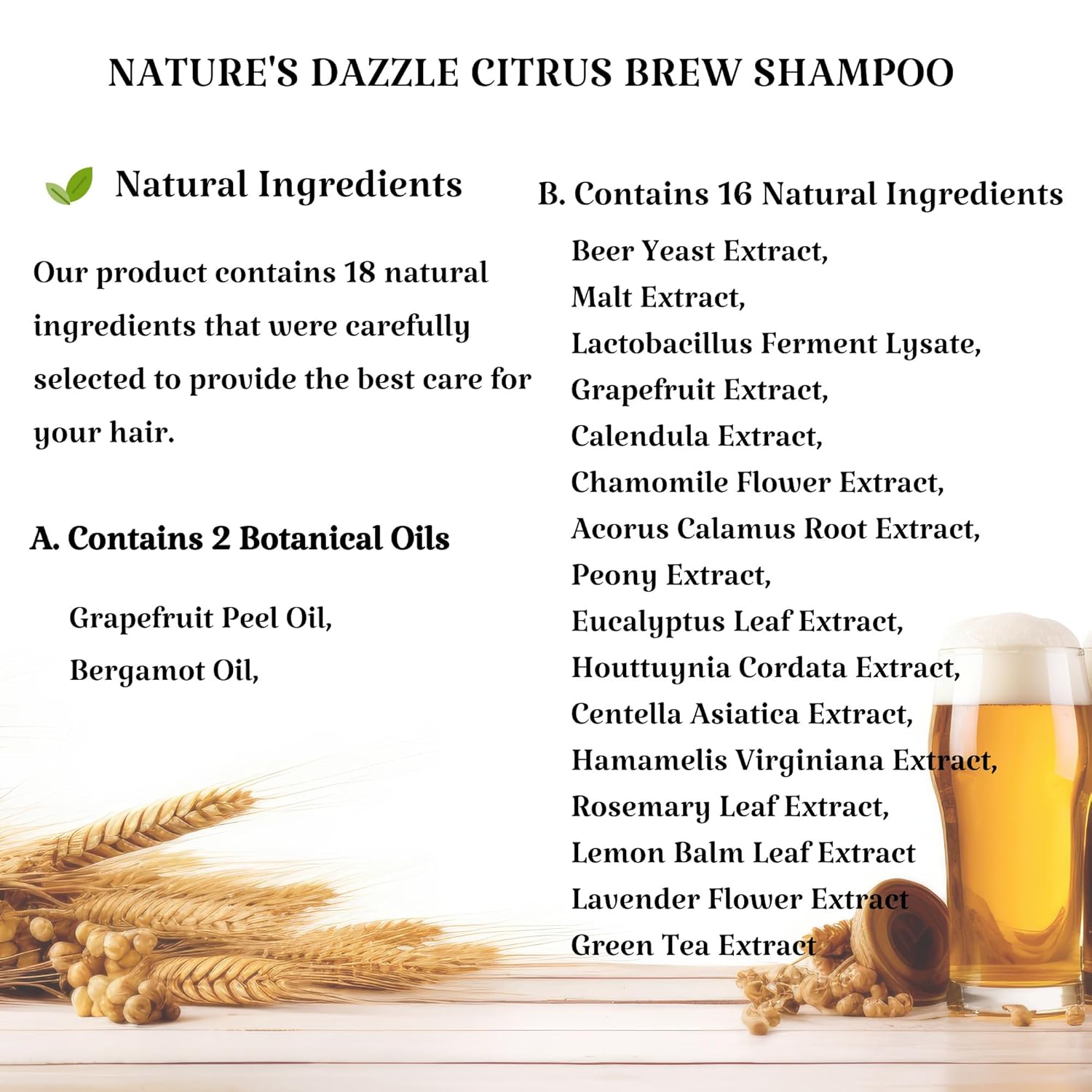 Nature's Dazzle Citrus Brew Shampoo Infused with Brewer's Yeast & Biotin – Revitalize & Strengthen All Hair Types | Paraben-Free, Sulfate-Free, Silicon-Free, 16.9 fl oz