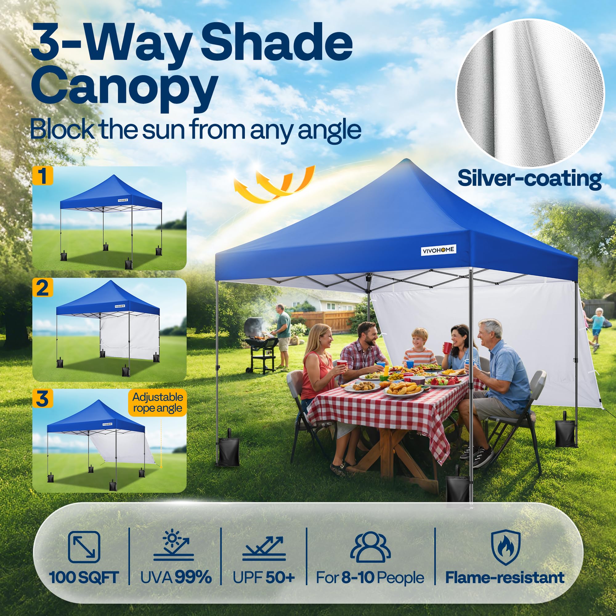 VIVOHOME 3x3m Tonnelle Pliante Extérieur avec Panneau Latéral Oxford 150D | Tente de Jardin Imperméable Structure Acier Réglable Protection UPF 50+, Housse à Roulettes pour Camping Fêtes