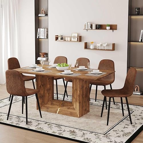 Juego de mesa de comedor de 63'' para 6, juego de mesa de comedor de estilo granja de mediados de siglo para 6, mesa de grano de madera con base en