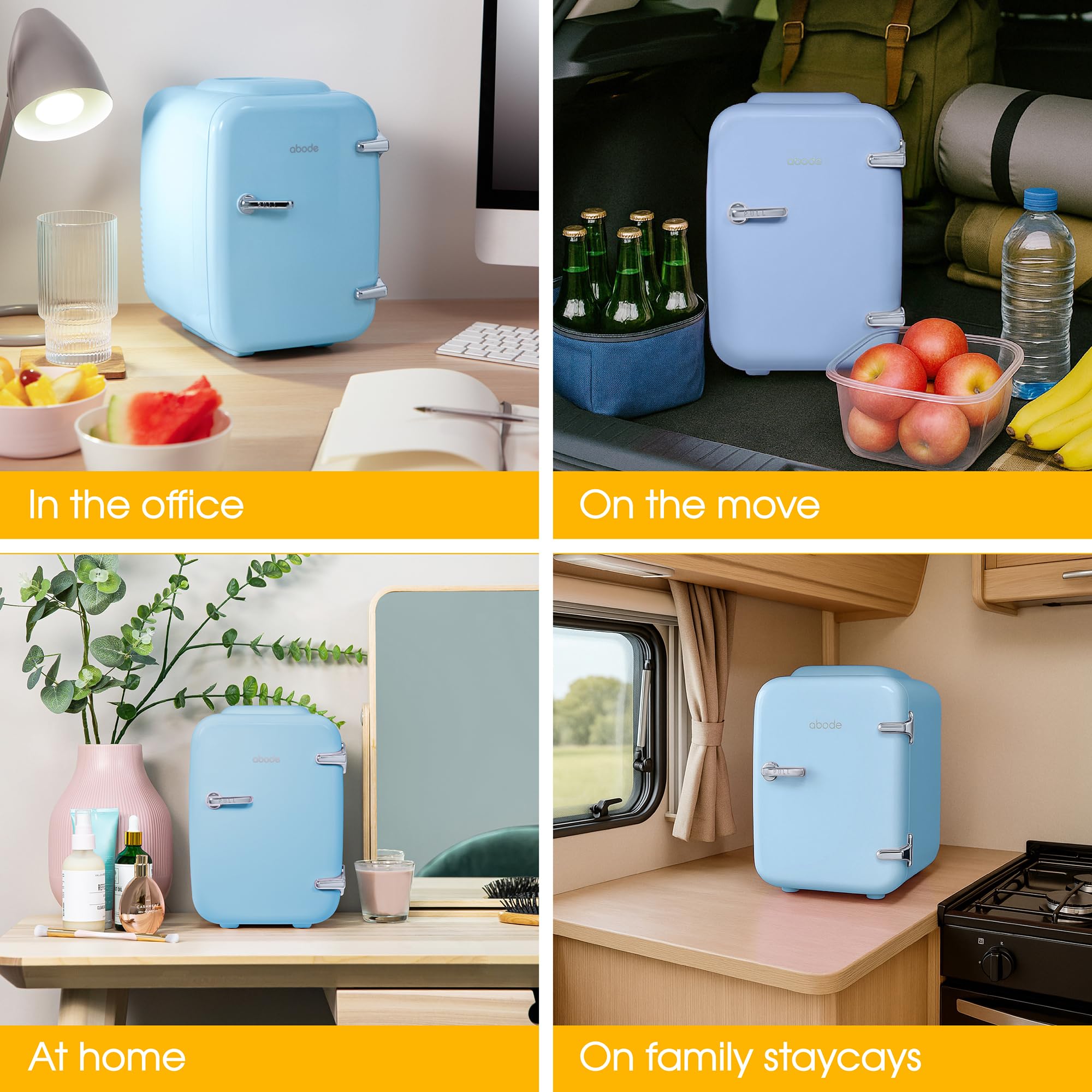 Abode Blue Mini Fridge A4CLR201BL 4L/6 Can Portable Thermoelectric Mini Cooler & Warmer for Drinks, Cosmetics/Makeup/Skincare, AC/DC Power, Retro Style, For Bedroom, Home, Caravan, Car — view 6