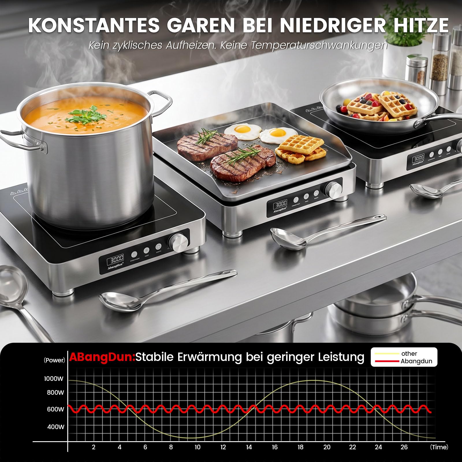 Plaque de cuisson à induction commerciale 3000 W – 190-275 V avec 16 niveaux de puissance, 60 à 220 °C, minuterie 18 h, acier inoxydable et verre, pour restauration, restaurant et cuisine