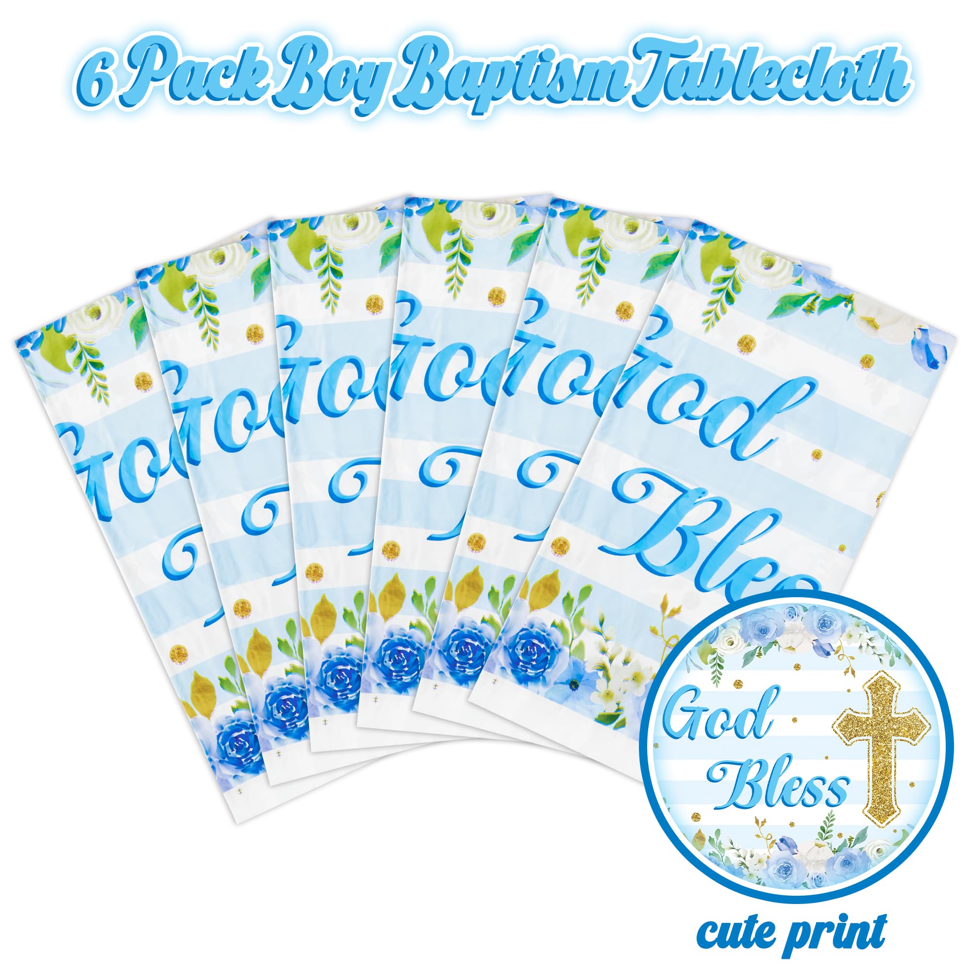 Paquete de 6 manteles de fiesta de bautizo, color azul, con temática de flores, desechables, impermeables, rectangulares, para niños, bebés, primera comunión, suministros para fiestas