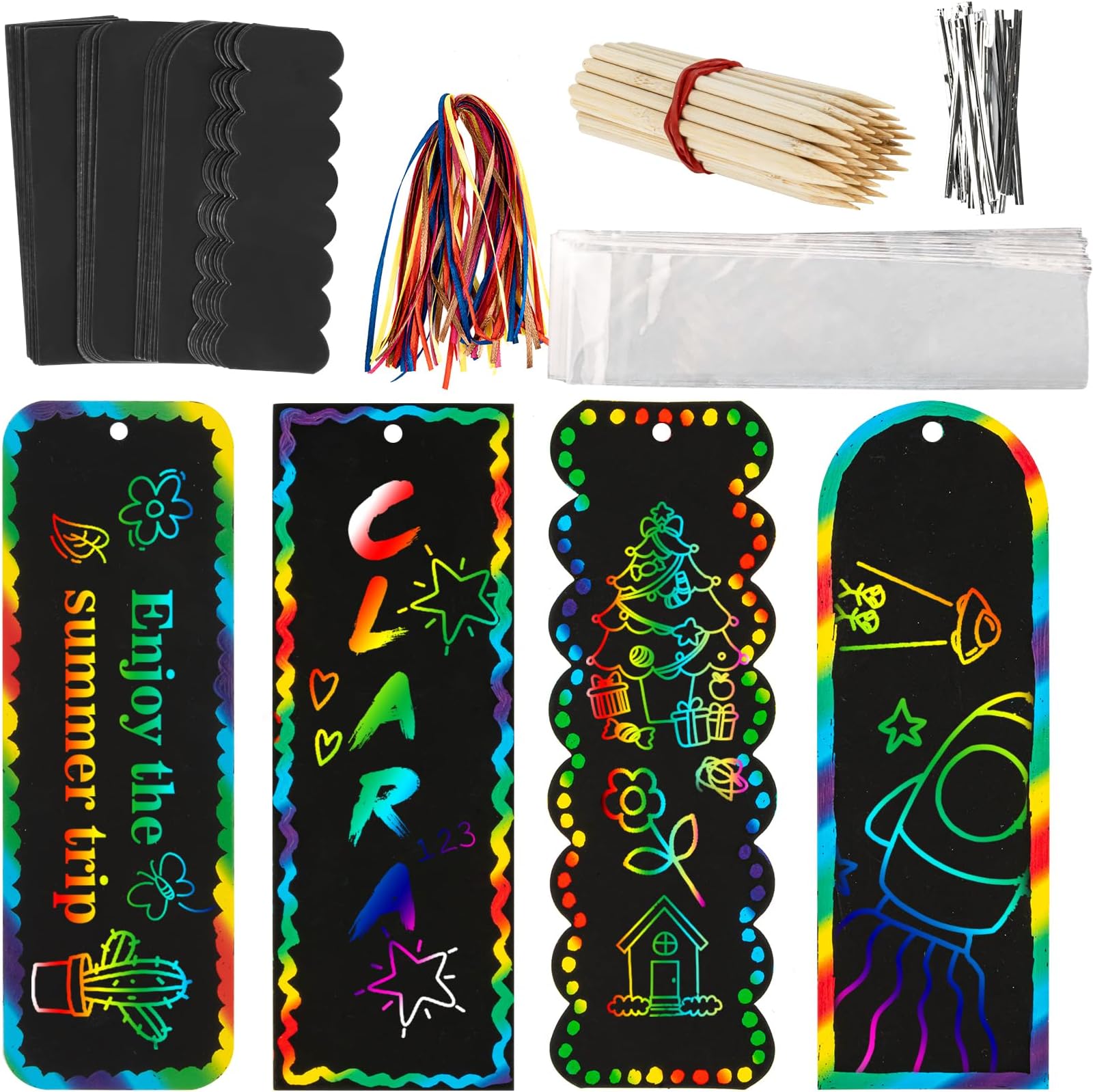 MAQIHAN Scratch Art Bookmarks - 36 Sets 4 Style Making Kit Paper with Scratching Tools Satin Ribbons Create Rainbow Without Ink Christmas Ornaments Hanging DIY Party Favors for Classroom
