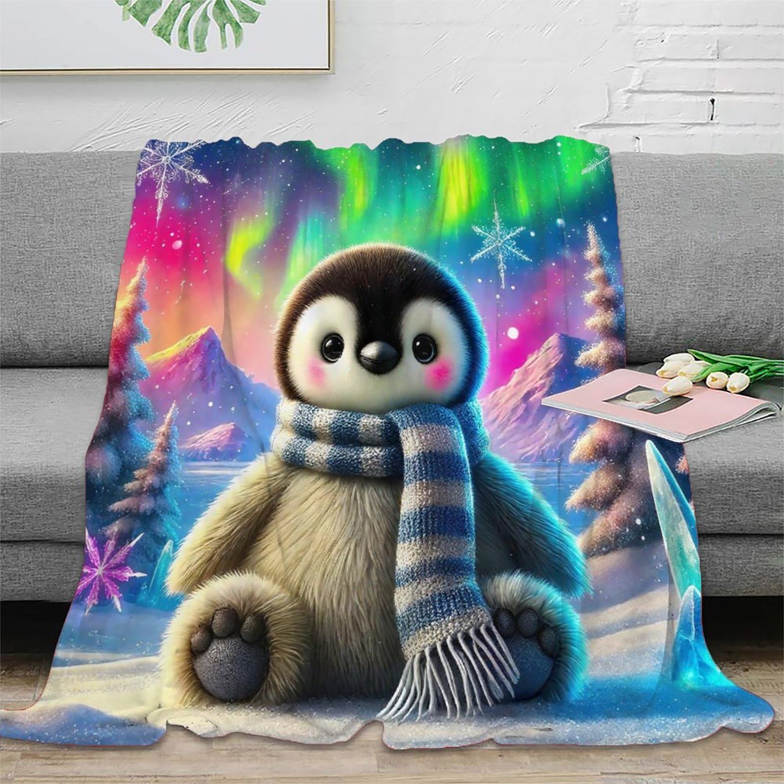 Couverture pingouin 3D en microfibre moelleuse et chaude pour lit 150x200