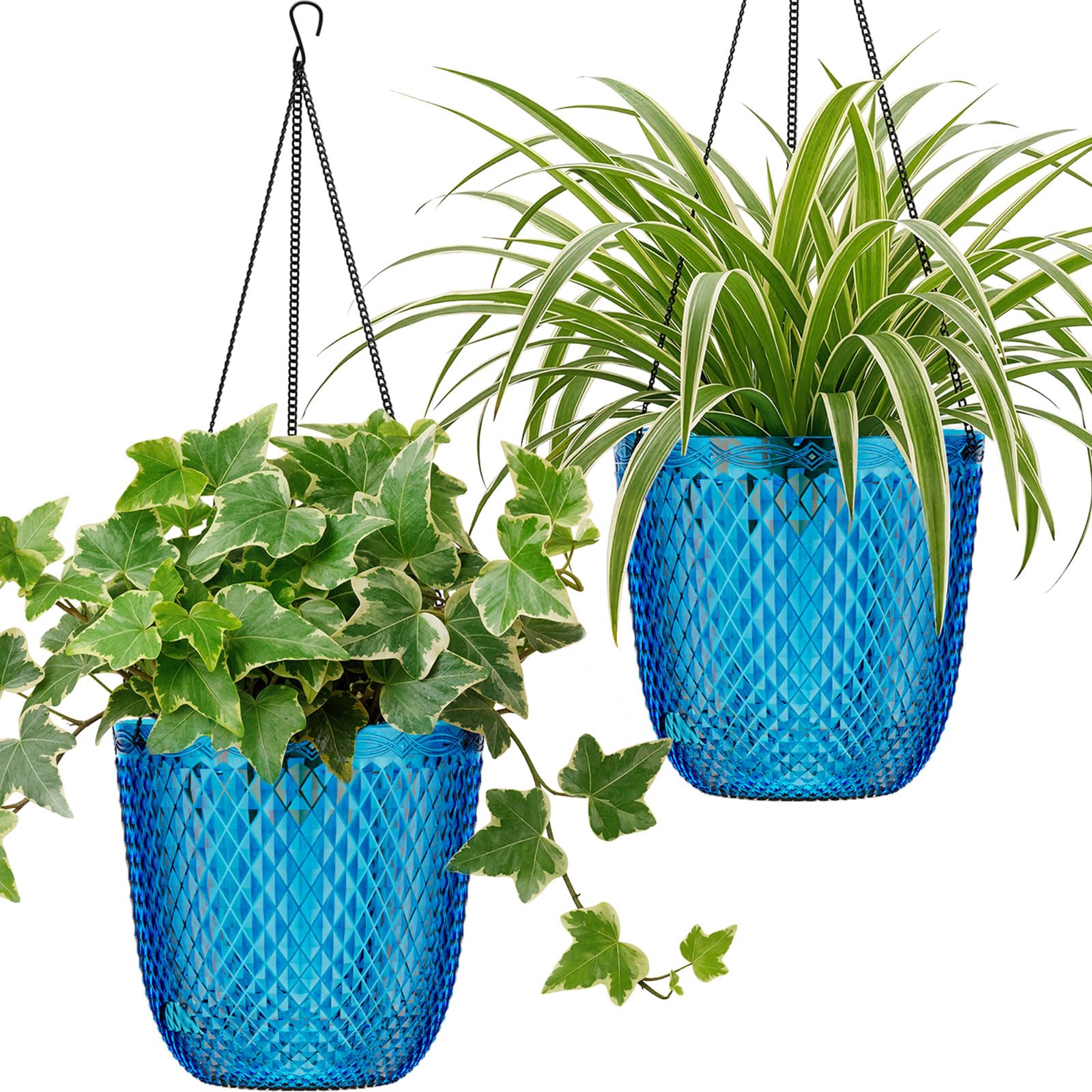 QCQHDU Selbstbewässernde Hängetöpfe, 2er-Pack 18,3 cm Hängepflanzgefäße für Zimmerpflanzen, Outdoor-Blumentöpfe mit Drainagelöchern und 3 Hakenketten für Garten und Zuhause (Klein Blue)
