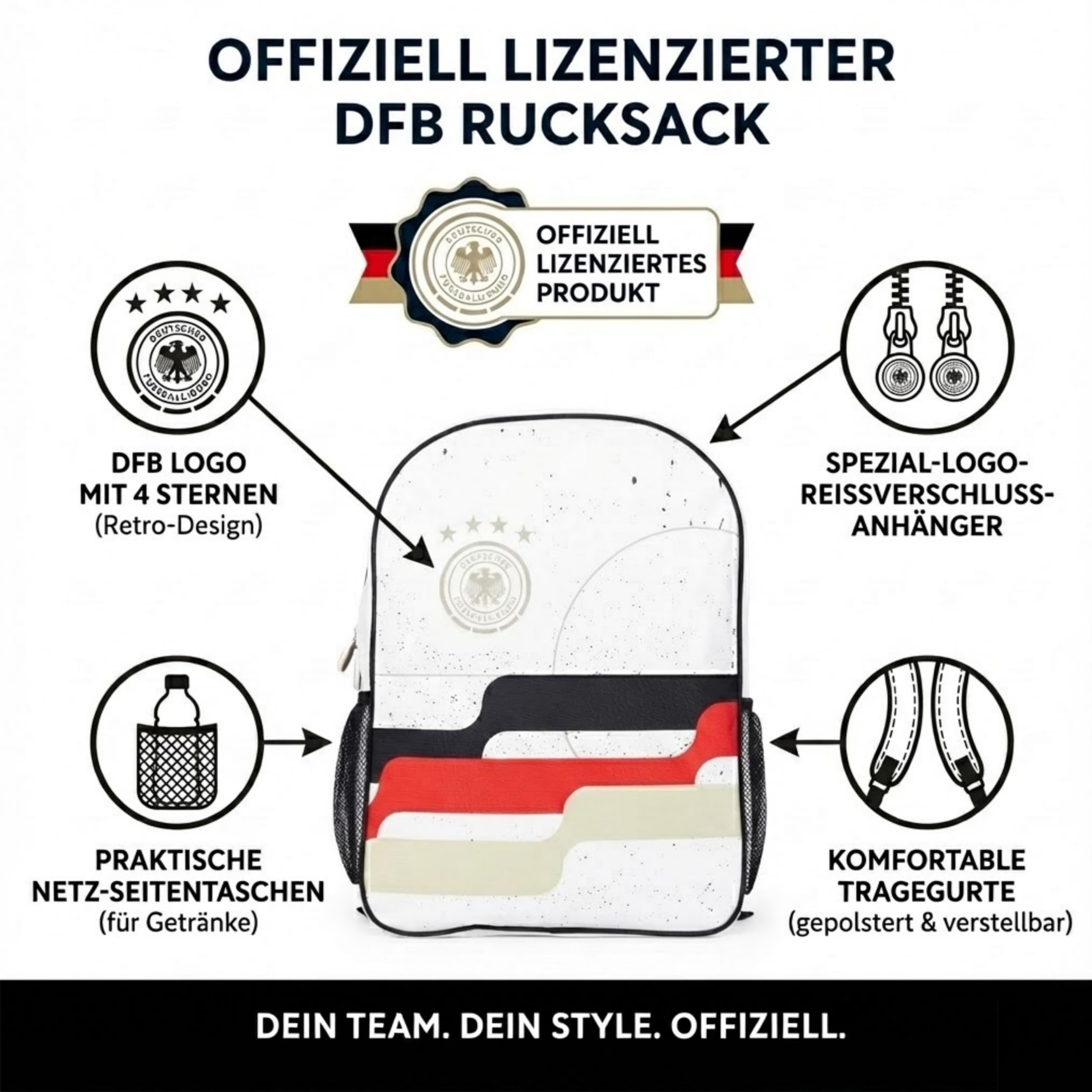 Offiziell Lizensierter DFB Rucksack – Retro-Design Fußballtasche mit Logo-Reißverschluss – Ca. 19L Kapazität Sportrucksack für Schule, Fitnessstudio & Reisen (44cm x 33cm)