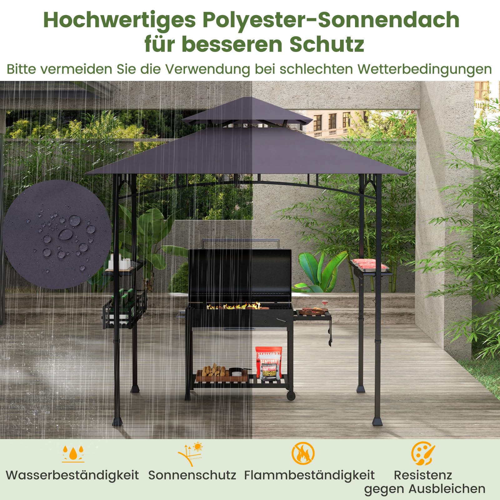 GOPLUS Pawilon grillowy, podwójny dach z 2 półkami, 10 haczyków, otwieracz do butelek i kosz do przechowywania, zadaszenie grilla, odporny na warunki atmosferyczne, do użytku na zewnątrz, na podwórko