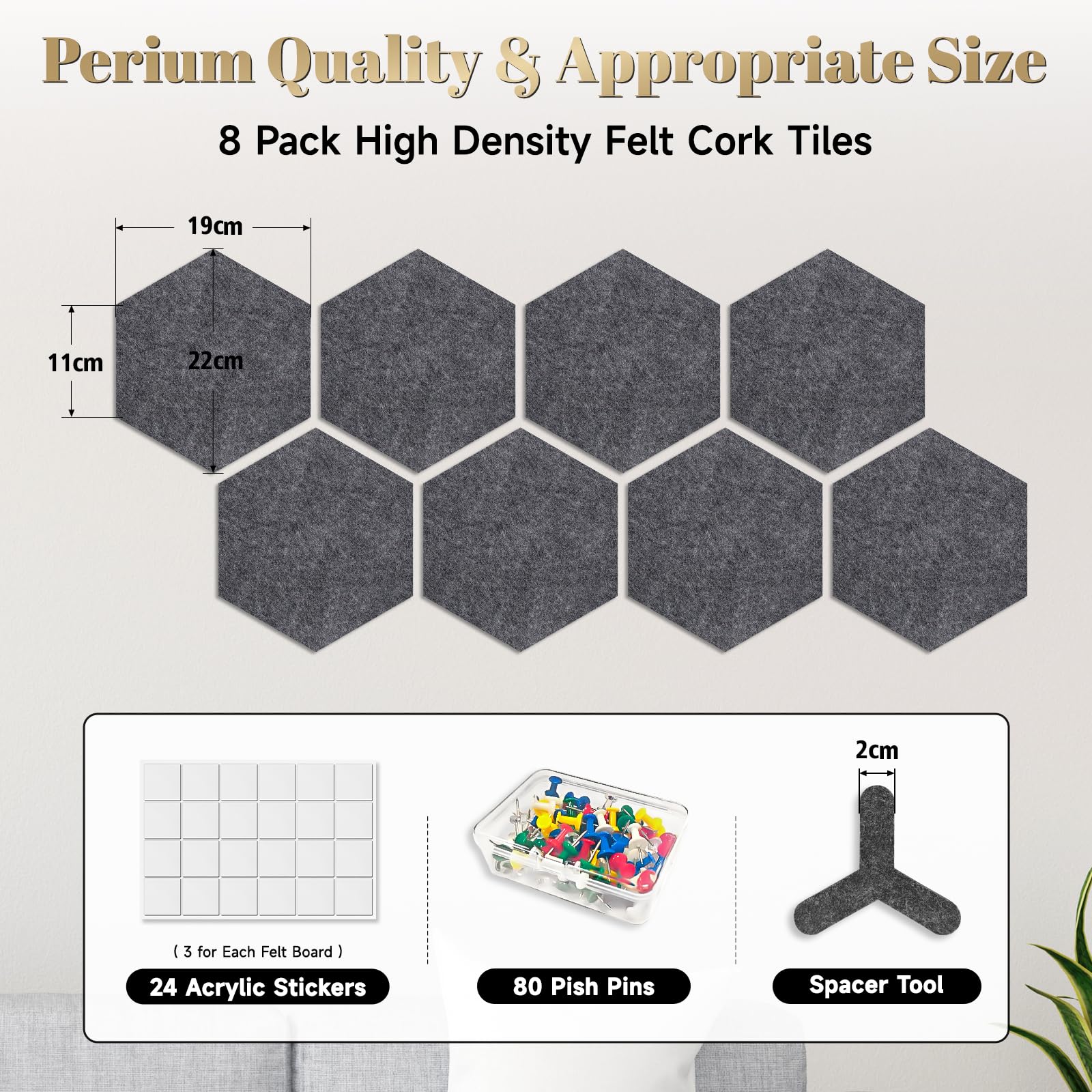 Hexagon Filz Pinnwände 8 Stück, 12mm dicke 22x19cm, Dunkel Grau | mit 60 Push-Pins & Klebepads für DIY-Memo-Pinnwand, dekorative dunkelgrau Vision-Board für Büro Zuhause Küche & Schlafzimmer