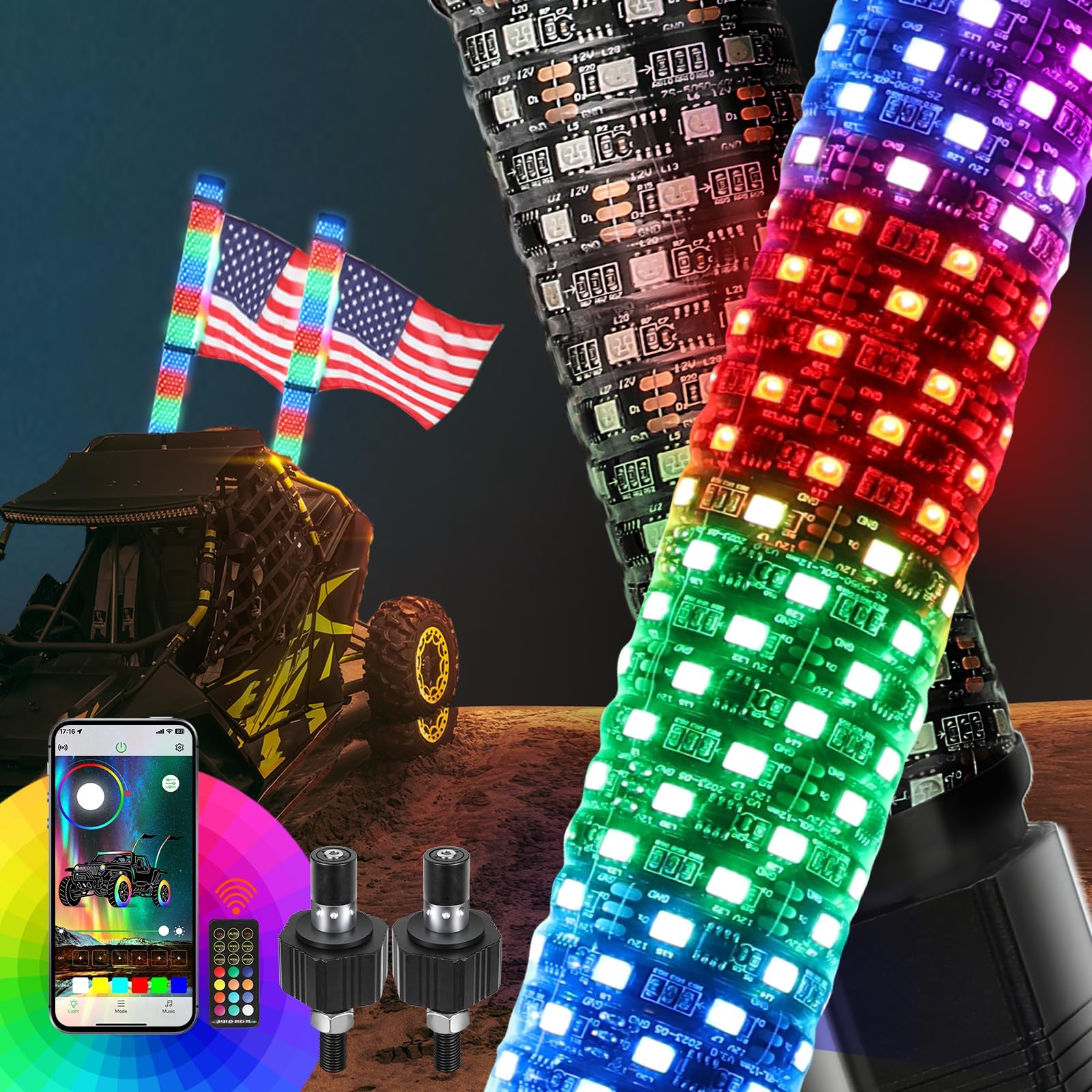 - 2FT Fat Spiral LED Whip Lights with Remote and APP Control, 300 Colors & 200 Modes RGB Chasing/Dancing Lighted Thick Antenna Applicable for RZR Can-Am Polaris UTV ATV Pickup Trucks, 2PCS (PRO, 2FT)