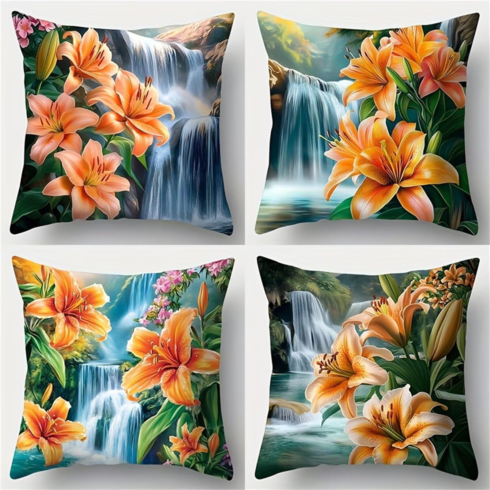 Heaen Outdoor Cushions Covers Waterproof 55x55 cm Set of 4 Square Linen Pillow Cases Yellow Lily Waterfall Decorative Dushions for Sofa Porch Patio Home Decor