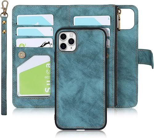 iCoverCase Funda tipo cartera para iPhone 11 Pro con tarjetero y correa para la muñeca, de piel sintética, ranuras para tarjetas, bolsillo con