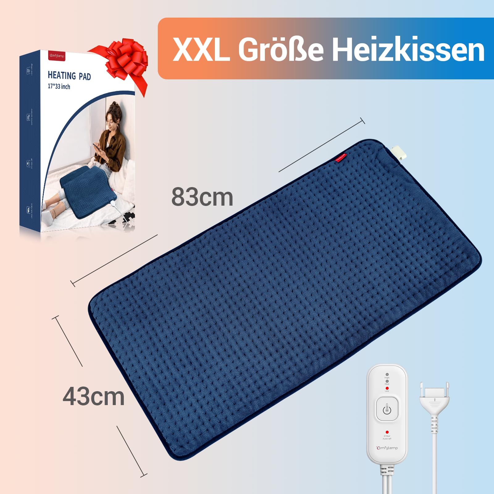 Comfytemp XXL-großes Heizkissen 83x43cm, Ultraweich Wärmekissen mit Abschaltautomatik，Alterfreundlich Heizdecke mit Sicherheitssystem für Rücken Schulter Nacken Bauch Beine Knie, Maschinenwaschbar